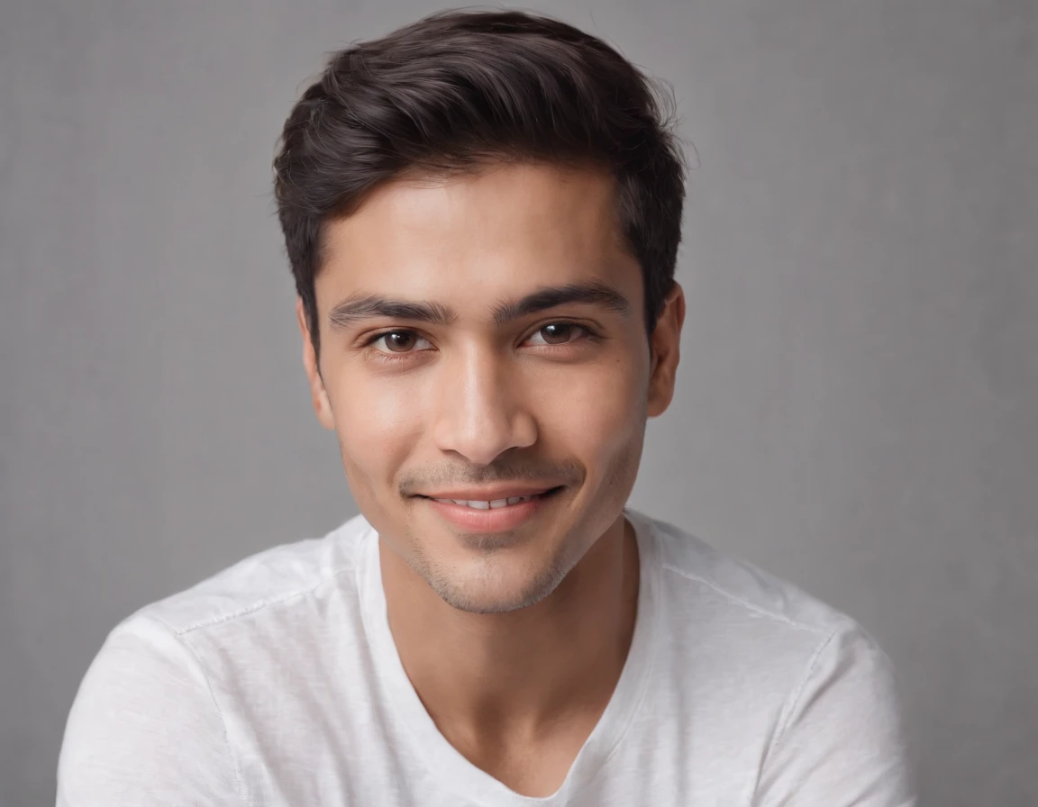 ((Indian Latino)), (Latino man), (photo: 1.3) af (photorealism: 1.3), frontal close-up, soft light, clear face, happy, cheerful, warm light, white t-shirt, (grey and white background), (blank background), (gray wall background) avatar, (short hair), smile, short hair, smile, (close-up)