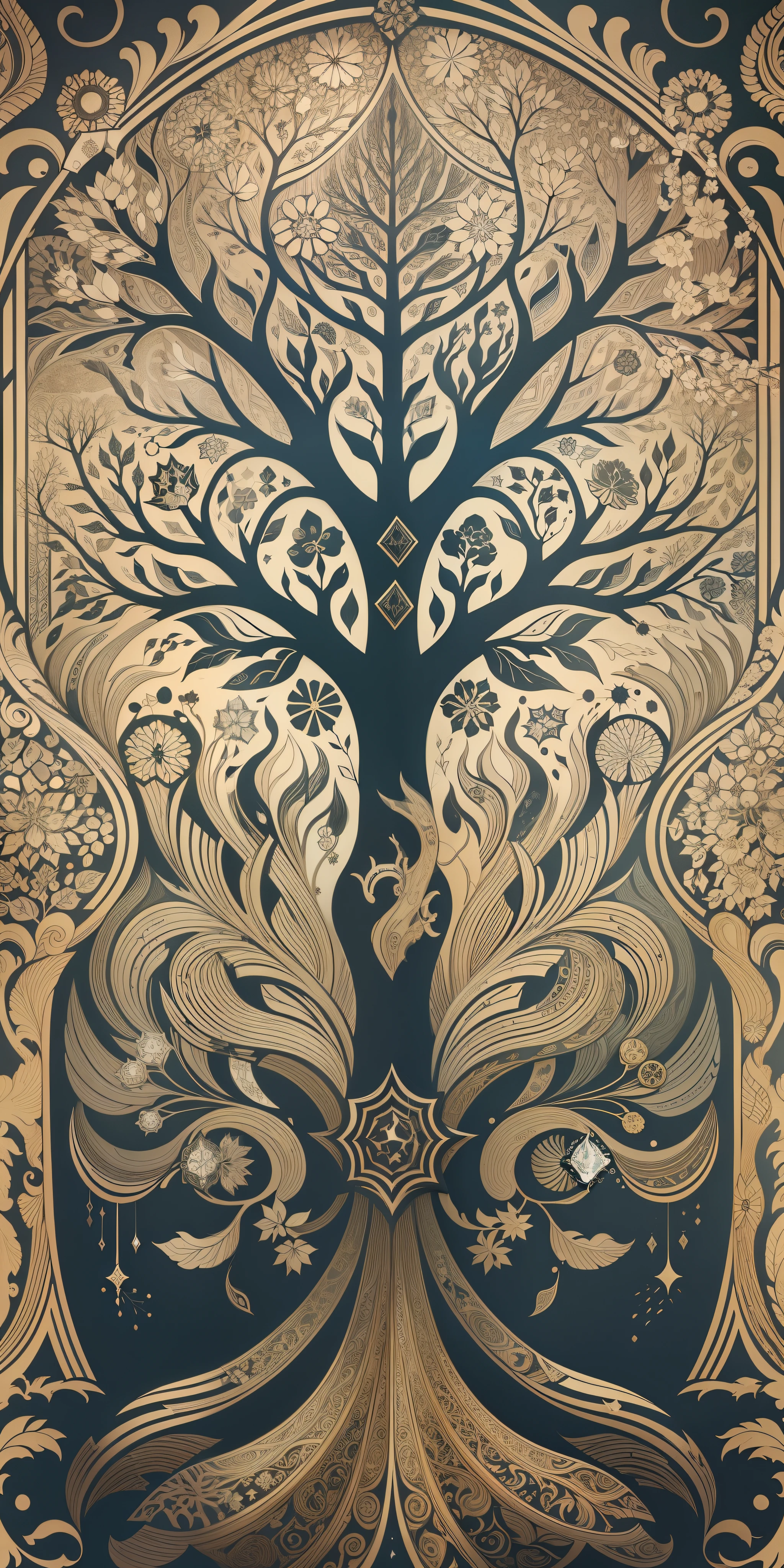 Nordic tree-shaped solitaire，Flat style， abstract artistic，Graphic design，对称, Math, Renaissance, Oil painting, 2D canvas, highly  detailed, 复杂, Classic paint, Black monochrome, crystals, opulent, lap, gothic ornament, Graphic design