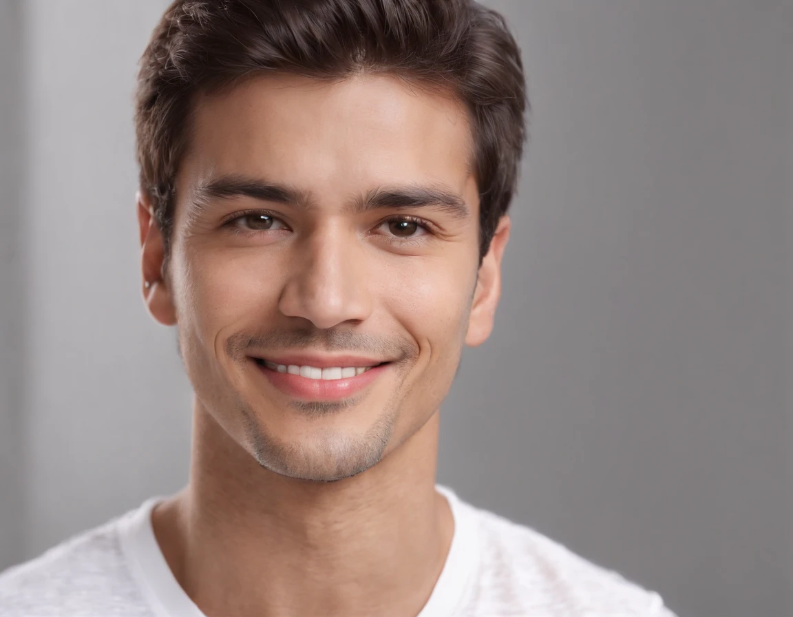 ((South American Latino)), (Latino man), (photo: 1.3) af (photorealism: 1.3), frontal close-up, soft light, clear face, happy, cheerful, warm light, white T-shirt, (grey and white background), (blank background), (gray wall background) avatar, (short hair), smile, short hair, smile, (close-up)