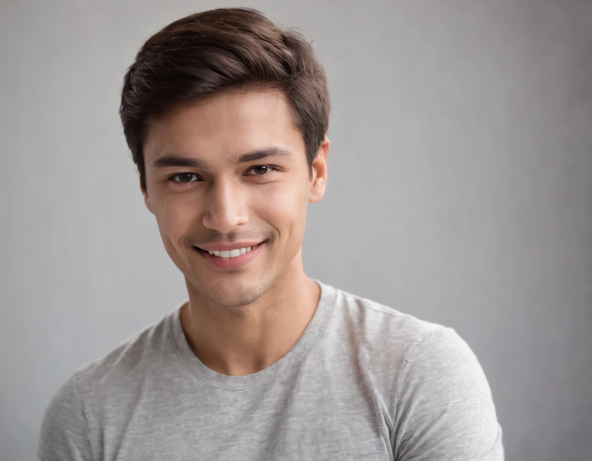 ((South American Latino)), (Latino man), (photo: 1.3) af (photorealism: 1.3), frontal close-up, soft light, clear face, happy, cheerful, warm light, white T-shirt, (grey and white background), (blank background), (gray wall background) avatar, (short hair), smile, short hair, smile, (close-up)