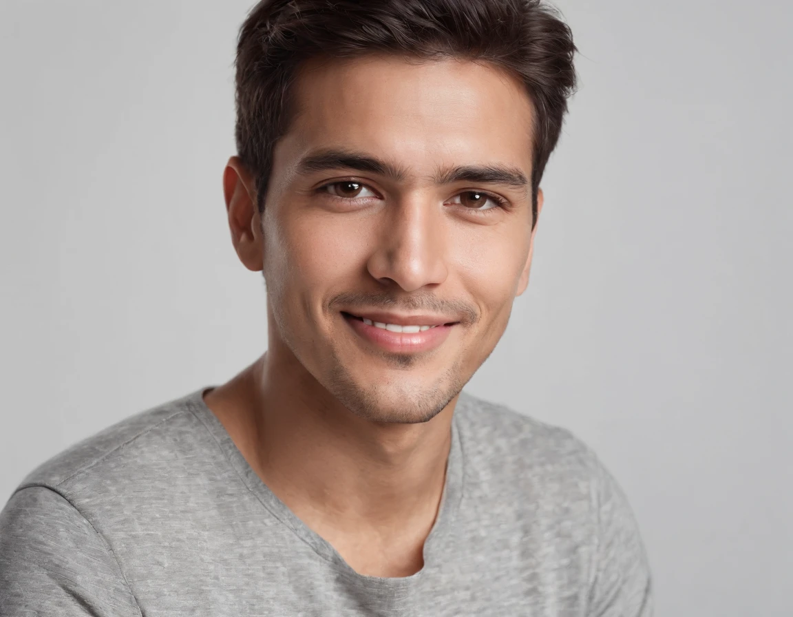 ((South American Latino)), (Latino man), (photo: 1.3) af (photorealism: 1.3), frontal close-up, soft light, clear face, happy, cheerful, warm light, white T-shirt, (grey and white background), (blank background), (gray wall background) avatar, (short hair), smile, short hair, smile, (close-up)