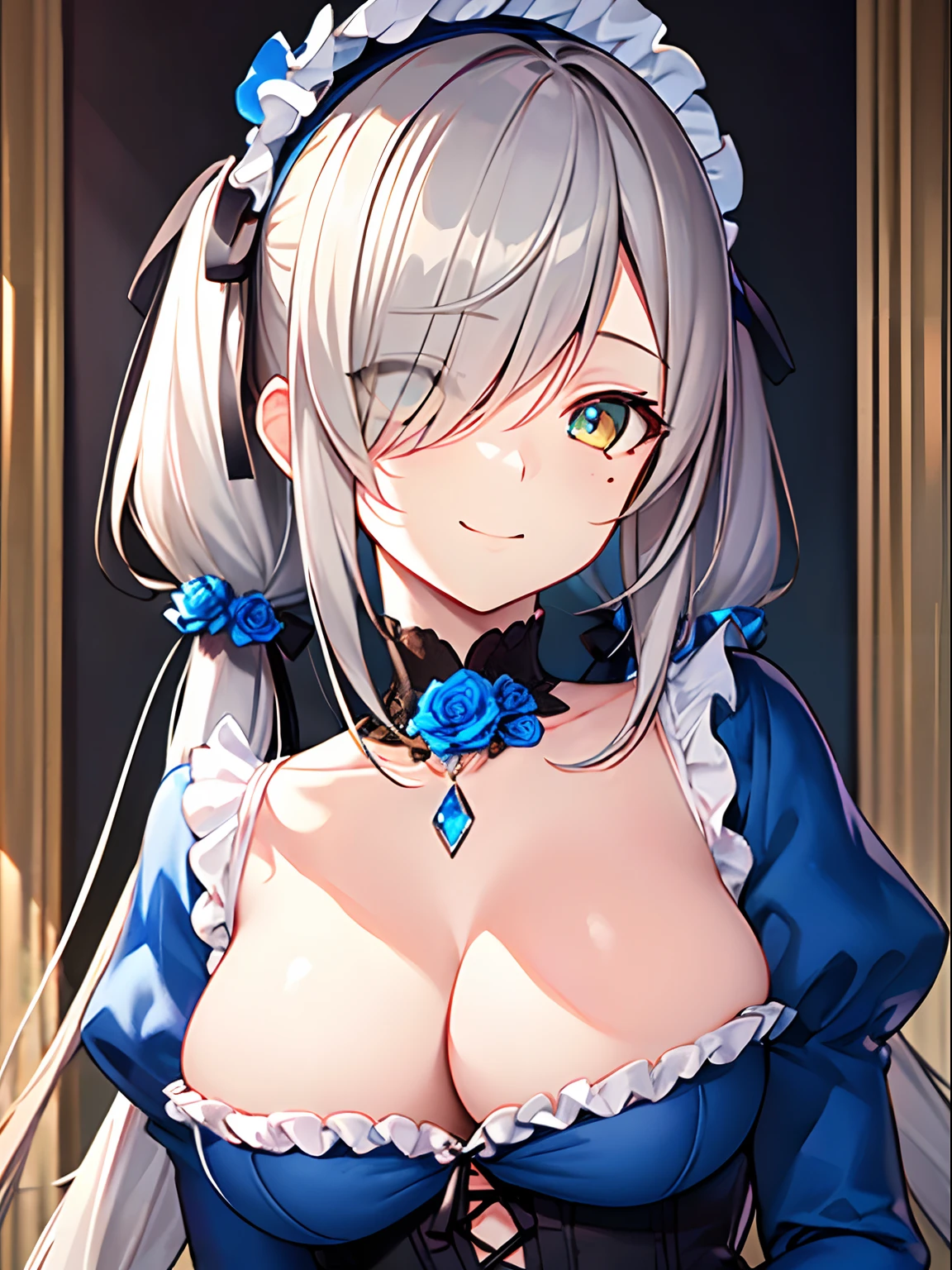 Highly detailed and realistic CG, Colorful, game cg, Best Quality, magnificent, jewel-like eyes, 1girl, solo, gray hair, long hair, twintails, hair over one eye, lolita fashion, gothic dress, frill, long sleeves, (Blue rose headdress:1.2), blue clothes, large breasts, (mole on chest:1.3), jewel, happy smile, closed mouth, , round face, powder lights, portrait, (amber eyes:1.1), finger to mouth, from front, looking at viewer,