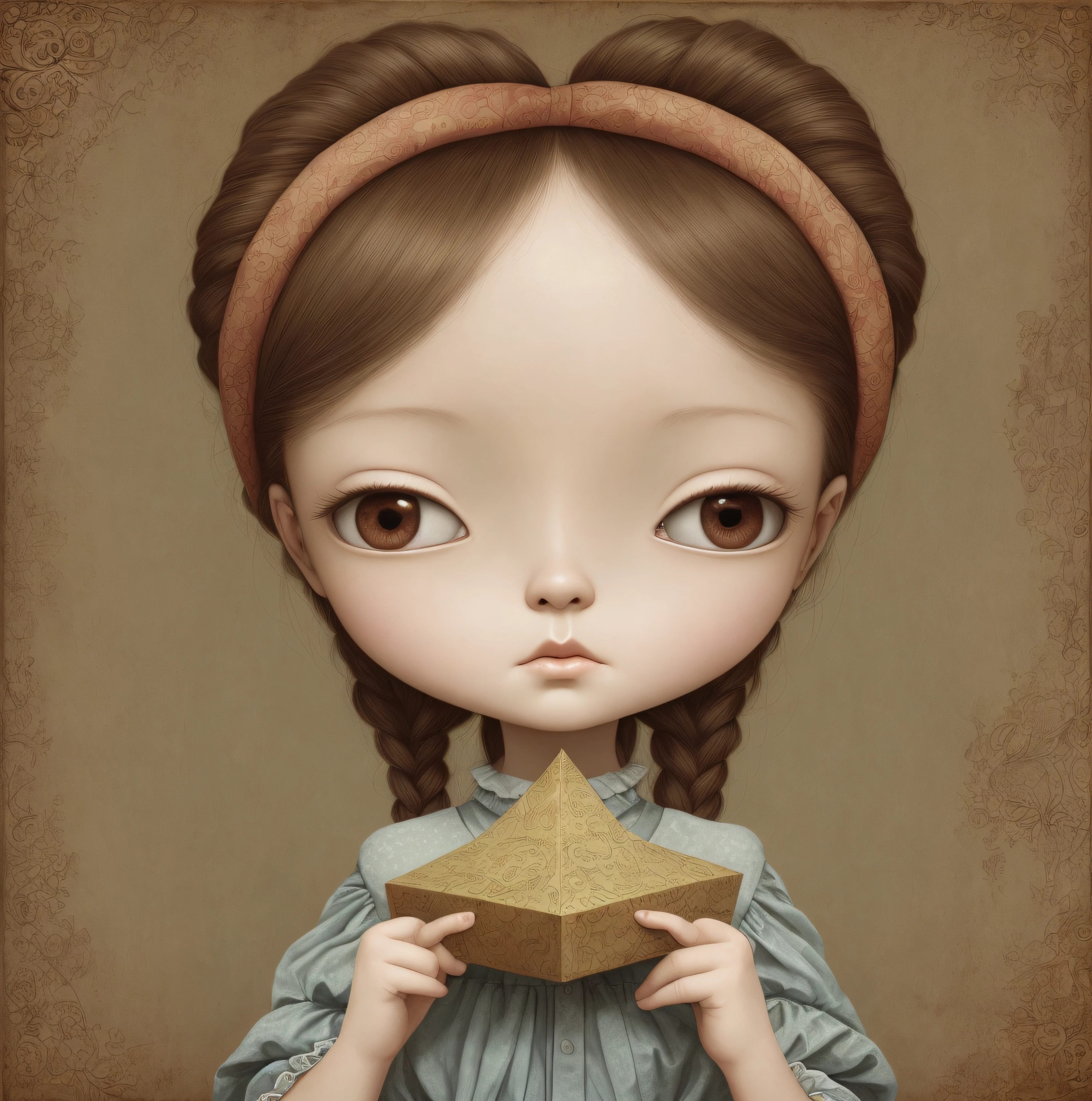 Painting of a girl with a gift in her hand, Surrealismo pop lowbrow, Surrealismo pop Lowbrow Art Style, Surrealismo pop, benjamin lacombe, japanese pop surrealism, Estilo de Mark Ryden, cortando el aire. Surrealismo pop, por Mei Qing, Yoshitomo Nara, Mark Ryden en el estilo de, Inspirado en Nicoletta Ceccoli, Eva Elfie