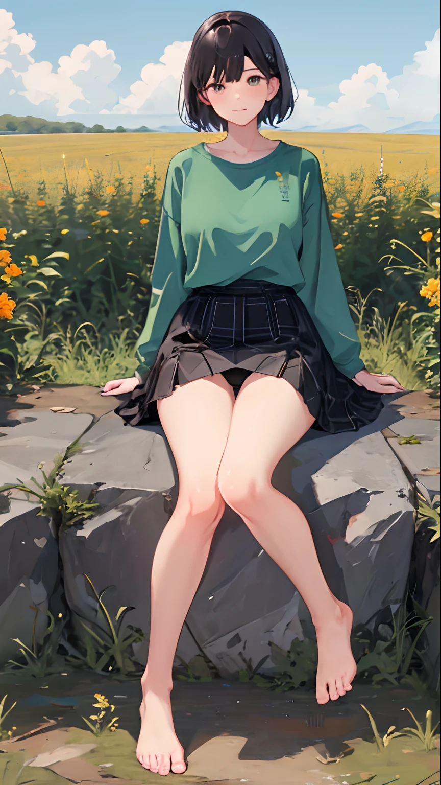 1girll, 独奏, Light green shirt, Barefoot,Exposing thighs,Black underwear marks,Wear a black plaid skirt,,Chest exposed,Chest up and down,Background Is Meadow