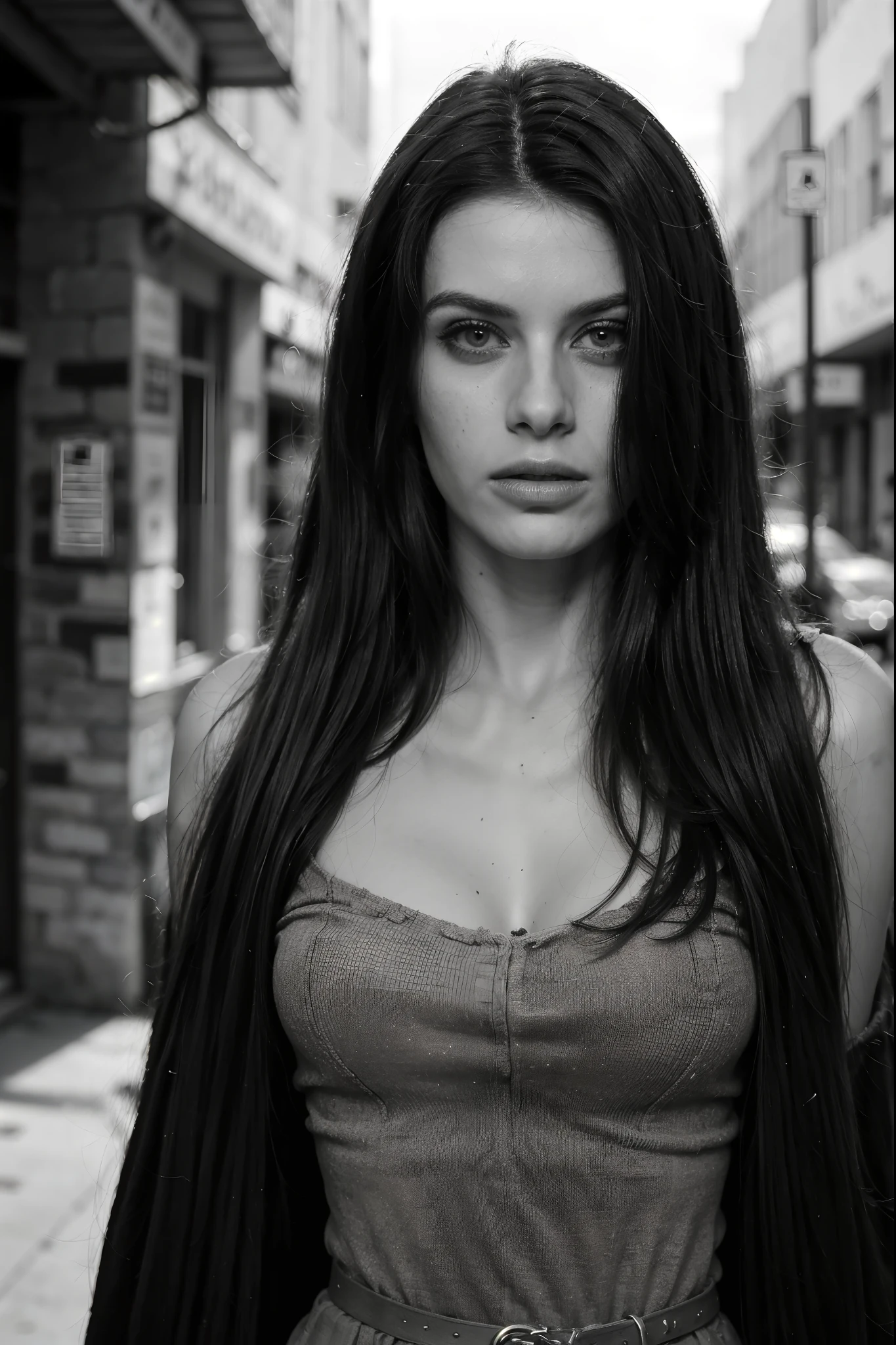 (best quality,4k,8k,highres,masterpiece:1.2),ultra-detailed,(realistic,photorealistic,photo-realistic:1.37),young woman in the street,portrait,black and white,dramatic lighting,Diane Arbus style, Downtown atmosphere,urban backdrop,old brick buildings,cracked pavement,gritty surroundings,vintage fashion,candid moment,bold confidence,illuminated from behind,stepping out of the shadows,long hair flowing,catching the wind,striking composition,expressive eyes,moody ambiance,cityscape in the background,lonely metropolis,street photography vibes,documentary style,film grain texture,unposed,authentic emotion,raw beauty,lens flare effect,heightened contrast,mono-toned,freckled face,piercing gaze,life in the city,contrast between light and shadow,texture of the surroundings,dynamic composition,captured vulnerability,fascinating street character,layered storytelling,evoking curiosity,urban exploration,serendipitous encounter