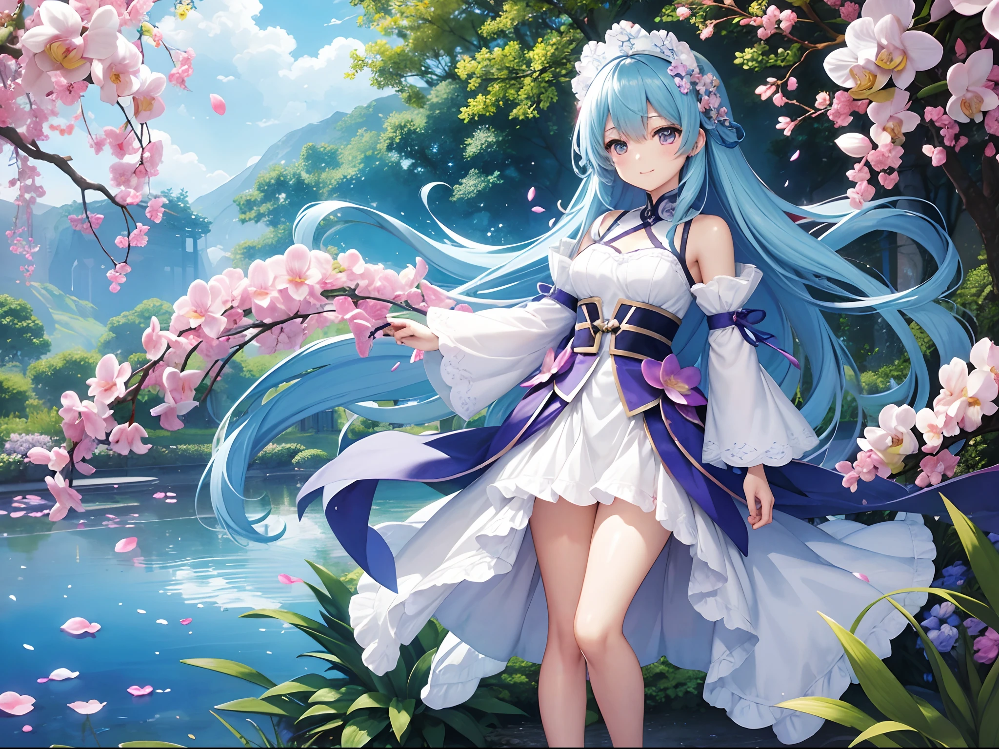 (hight resolution、ultra-detailliert、nffsw、movie)、独奏、1girl in、Happiness、Girl Standing In Orchid Garden、Girl around the petals、A charming smile、full body Esbian、Long-haired girl with blue hair、lightblue hair、facing front、Fantasia、Official art、pop-art、profile、hyperdetailed face、ultradetailed eyes、Orchid Garden、Ultra Detailed Fields、White blue sky、 shuicolor、blanche、Nebulae in the sky、watercolor paiting、PastelColors