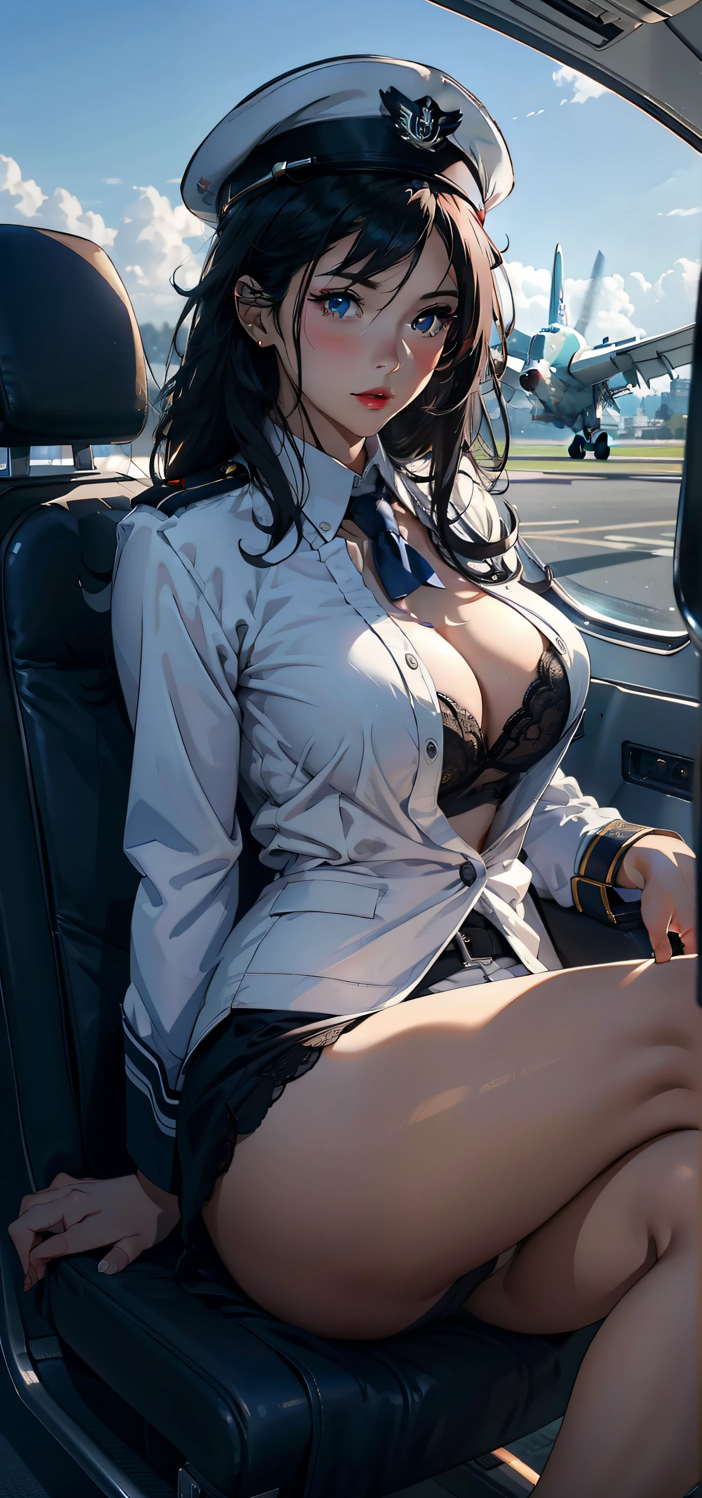 1womanl，33yo，熟妇，A MILF，extremely large bosom，Raised sexy，Pornographic exposure， 独奏，（Background with：aerodrome，ln the forest，Planes，）On the plane， She has short black hair，bobo head，Redlip，裸体少女，dynamicposes，seen from the front， hair straight， mostly cloudy sky，（（（tmasterpiece），（Very detailed CG unity 8K wallpaper），best qualtiy，cinmatic lighting，detailed back ground，beatiful detailed eyes，Bright pupils，（Very fine and beautiful），（Beautiful and detailed eye description），Blue eyes，Redlip，ultra - detailed，tmasterpiece，）），facing at camera，（The upper part of the body），A high resolution，ultra - detailed），revealing breasts，Bare genitalia，  Bulge，sit on chair，Leakage of the genitals，Incontinence，legs are open，sexyposture，Camel toes，Flushed complexion，Open-mouthed，frontage，American flight attendant，Officer's cap（Wearing：White lace panties）Bare ，Bare lower body，legs are open