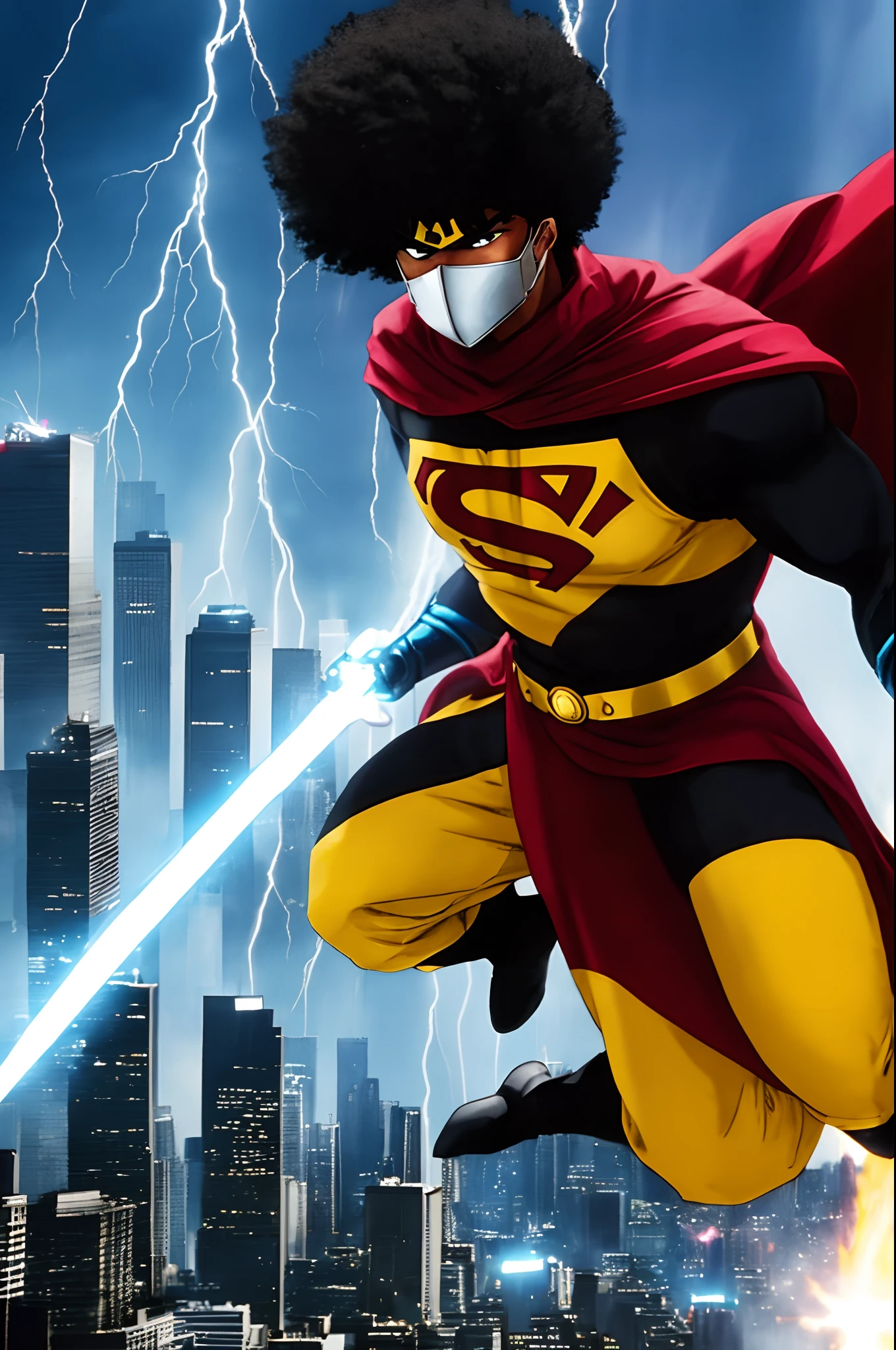 black power hair adolescent black hero using cape yellow powers in hand White shirt lightning bolt design on shirt power electricity rays in hands skill power elementar blue Thunder shining hero concept art a powerful hero, vibrant colors, dynamic lighting, detailed costume, intense action scene, extraordinary abilities, breathtaking special effects, cinematic quality, Epic showdown, realistic CGI, high definition resolution, Iconic superhero pose, composition dramatic, city skyline scenery, intense facial expression, intense energetic aura, superhero emblem, superhuman strength, flying skills, lightning-fast speed, invincibility, heroic determination, explosive power, heroic justice, iconic mask, heroic cape , nimble movements, intense battle intensity, Superheroic Charisma, immersive storytelling, larger than life presence, thrilling adventure, victorious triumph, Ultimate Superhero
