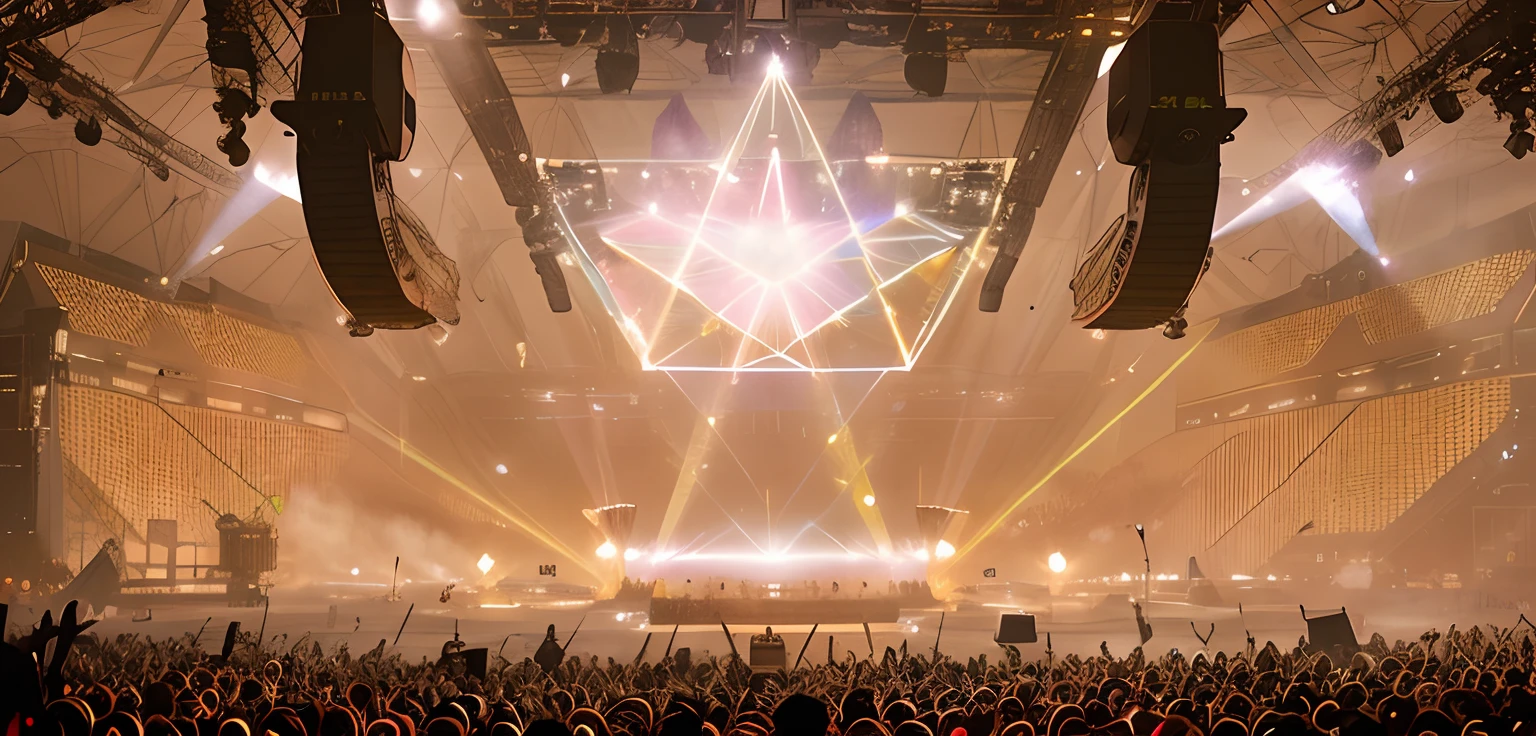 There are many people with lights and a stage at the concert, tiara crown (((white lasers))), elaborate stage effects, lasers all over the scene, author:Mike Winckelman, epic stunning atmosphere, very epic atmosphere, beeple and mike winkelmann, inspired by Mike Winkelmann, lazers, a vibrant atmosphere, bastien grivet, stunning atmosphere