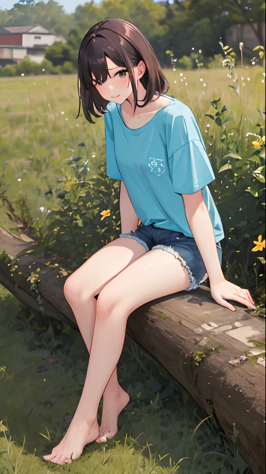 1girll, 独奏, Light green shirt, Barefoot，Exposing thighs,wear short shorts，Sit on grass，Bigchest，Very tempting