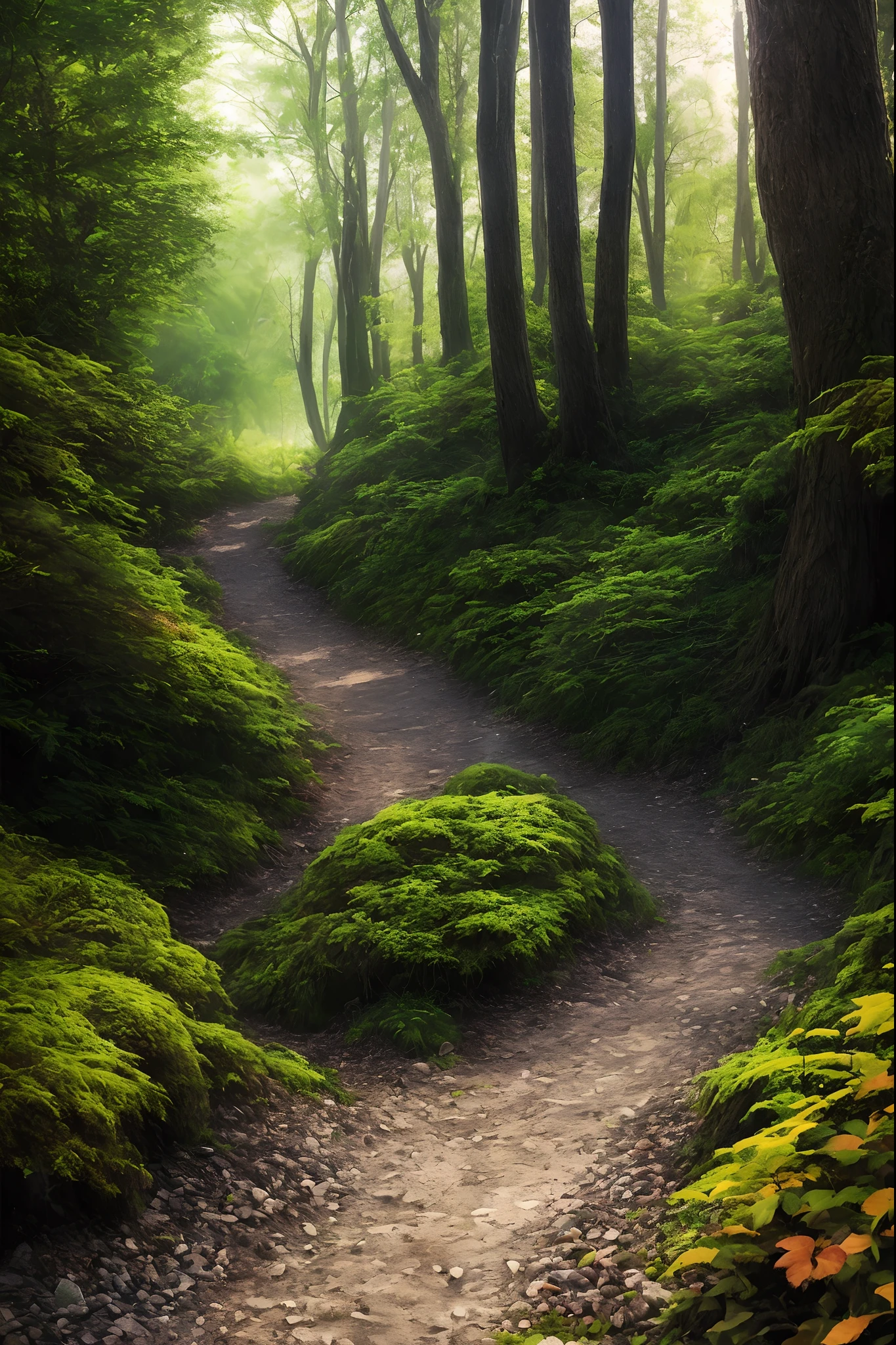 masterpiece, best quality, high quality,extremely detailed CG unity 8k wallpaper, An enchanting and dreamy scene of a fantasy forest, with towering trees, glowing mushrooms, and hidden fairy glens, creating a sense of mystique and enchantment, artstation, digital illustration, intricate, trending, pastel colors, oil paiting, award winning photography, Bokeh, Depth of Field, HDR, bloom, Chromatic Aberration ,Photorealistic,extremely detailed, trending on artstation, trending on CGsociety, Intricate, High Detail, dramatic, art by midjourney A cobblestone path in the woods