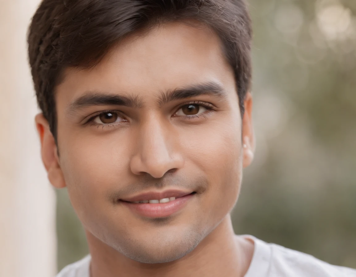 ((Indian Latino)), (Latino man), (photo: 1.3) af (photorealism: 1.3), frontal close-up, soft light, clear face, happy, cheerful, warm light, white t-shirt, (grey and white background), (blank background), (gray wall background) avatar, (short hair), smile, short hair, smile, (close-up)