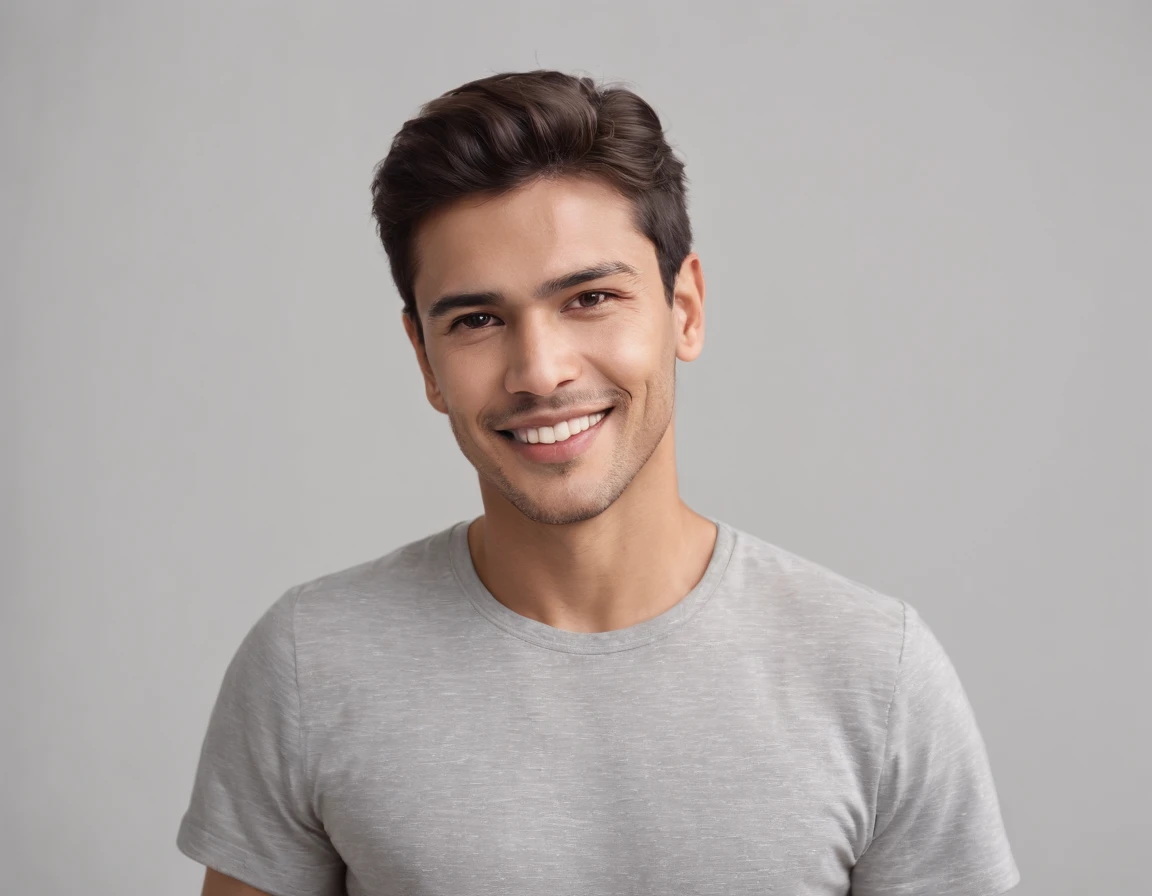 ((South American Latino)), (Latino man), (photo: 1.3) af (photorealism: 1.3), frontal close-up, soft light, clear face, happy, cheerful, warm light, white T-shirt, (grey and white background), (blank background), (gray wall background) avatar, (short hair), smile, short hair, smile, (close-up)