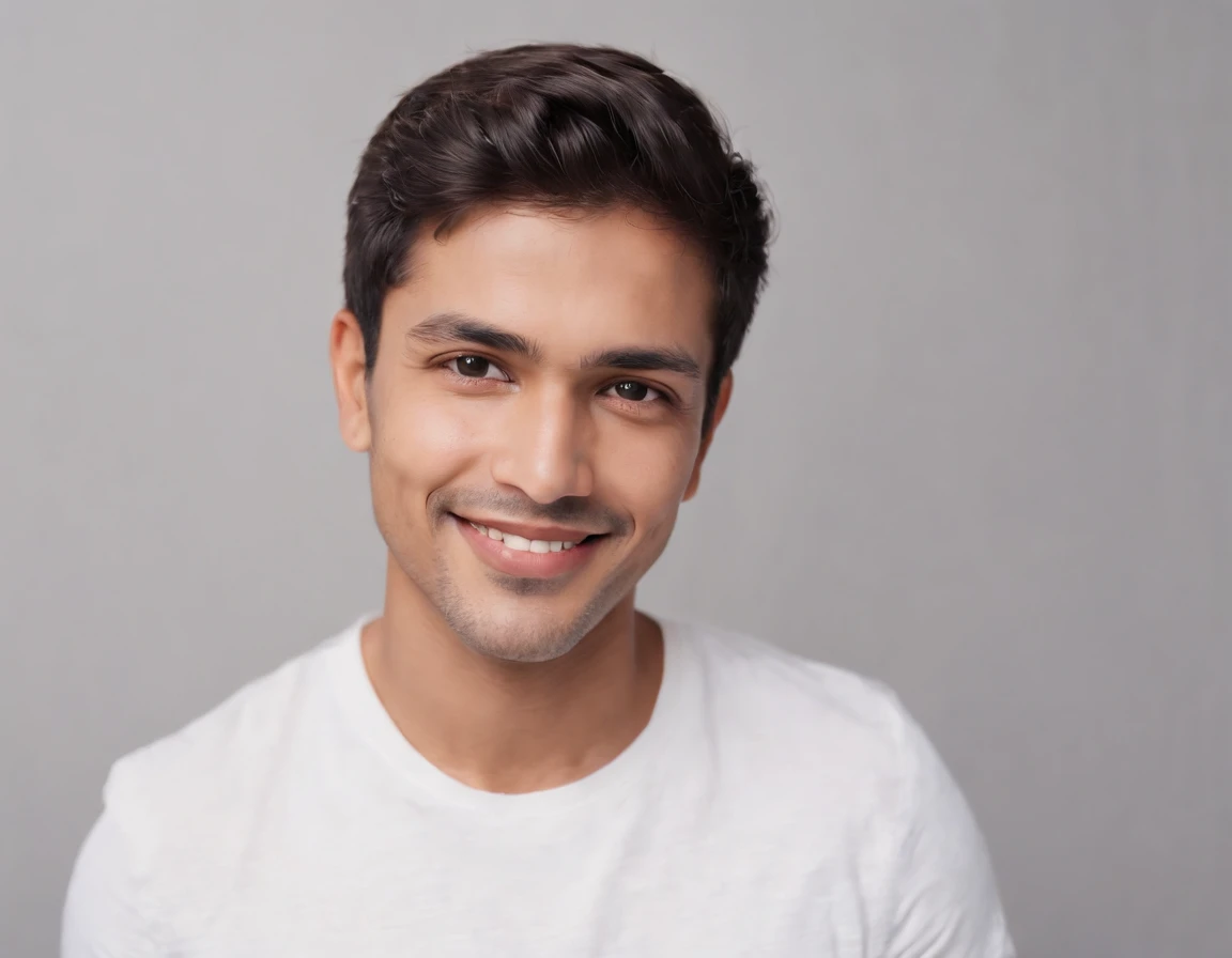((Indian Latino)), (Latino man), (photo: 1.3) af (photorealism: 1.3), frontal close-up, soft light, clear face, happy, cheerful, warm light, white t-shirt, (grey and white background), (blank background), (gray wall background) avatar, (short hair), smile, short hair, smile, (close-up)
