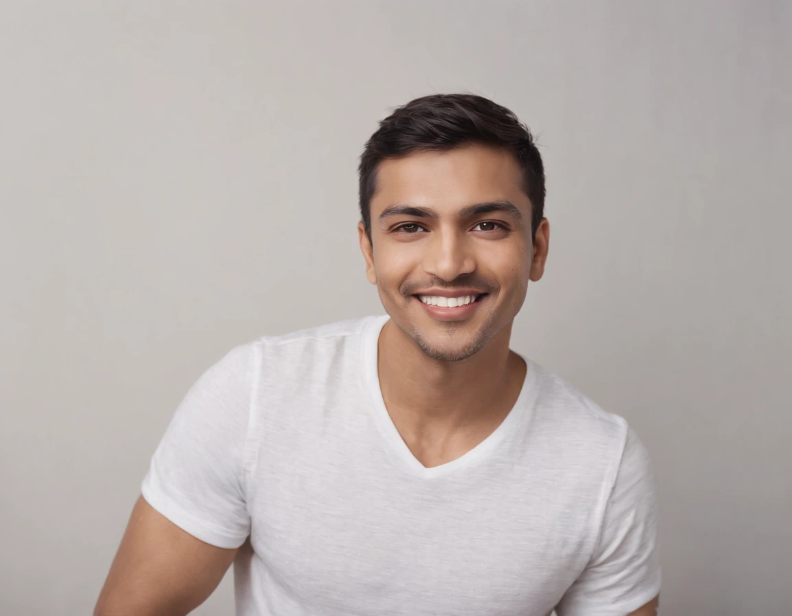 ((Indian Latino)), (Latino man), (photo: 1.3) af (photorealism: 1.3), frontal close-up, soft light, clear face, happy, cheerful, warm light, white t-shirt, (grey and white background), (blank background), (gray wall background) avatar, (short hair), smile, short hair, smile, (close-up)