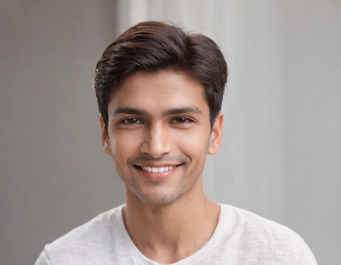 ((Indian Latino)), (Latino man), (photo: 1.3) af (photorealism: 1.3), frontal close-up, soft light, clear face, happy, cheerful, warm light, white t-shirt, (grey and white background), (blank background), (gray wall background) avatar, (short hair), smile, short hair, smile, (close-up)