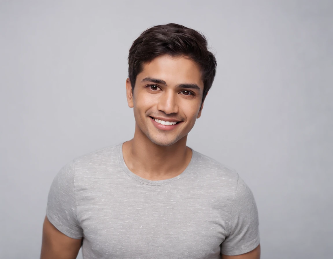 ((Indian Latino)), (Latino man), (photo: 1.3) af (photorealism: 1.3), frontal close-up, soft light, clear face, happy, cheerful, warm light, white t-shirt, (grey and white background), (blank background), (gray wall background) avatar, (short hair), smile, short hair, smile, (close-up)