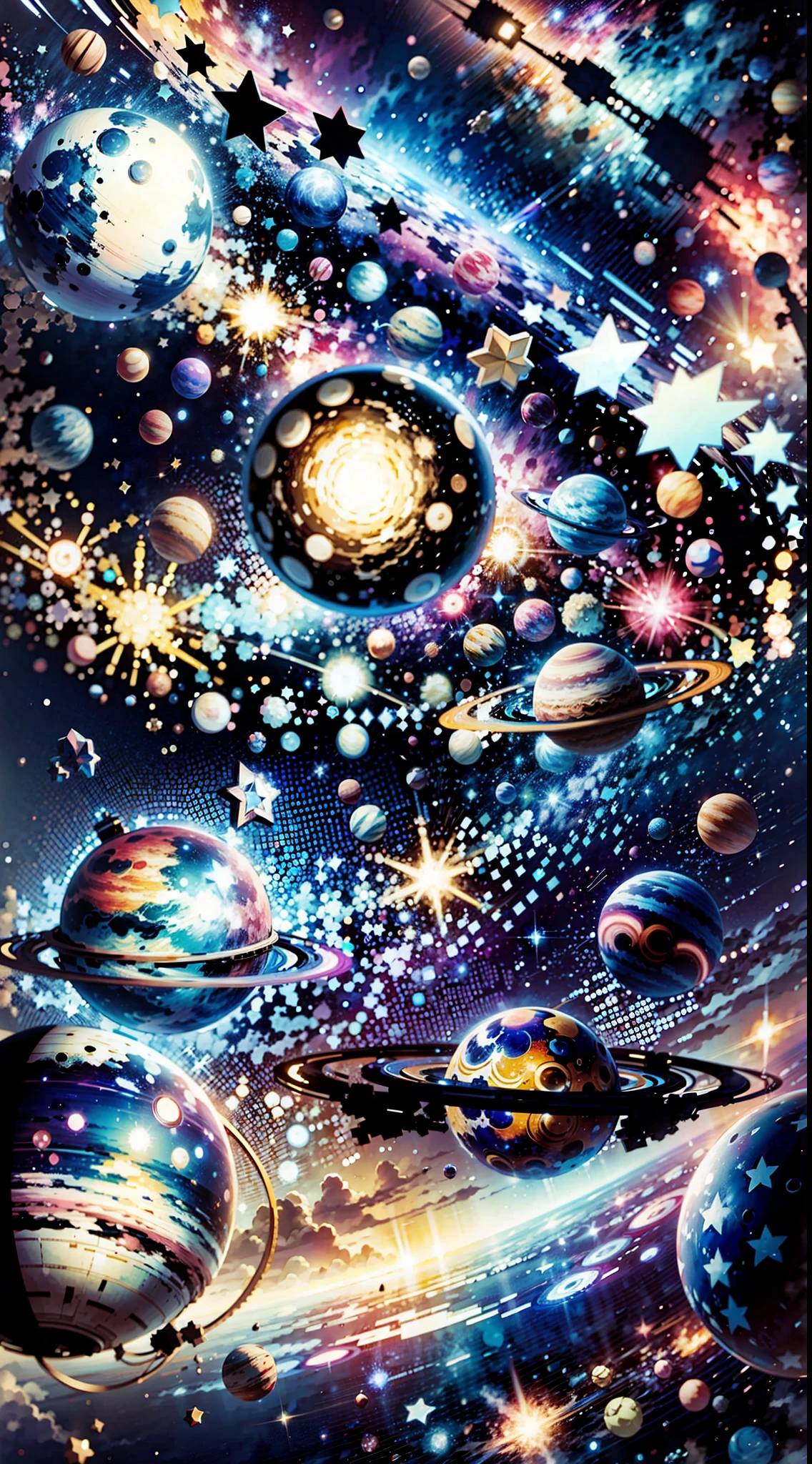 space with all the planets blue and pink colour with bright white stars background in the style of Miyazaki, —ar 21:9