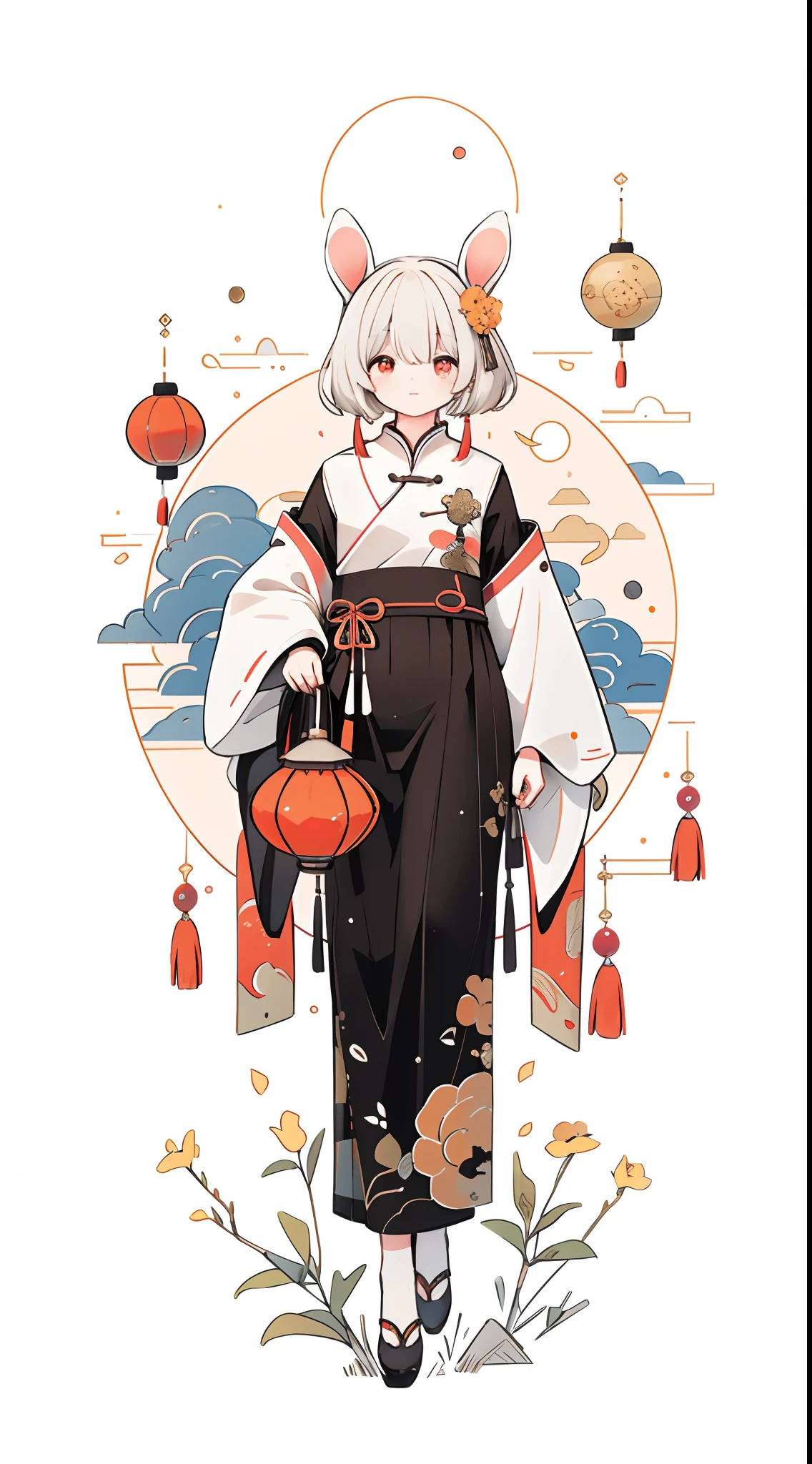 （A rabbit：1.4）, sat on the ground, Looking up, （（Mid-Autumn Festival atmosphere，sweet osmanthus，Kongming Lantern，Meniscus，Moon cake）），（Chinese kanji：1.3），Chinese Traditional illustration style, Digital art, Simple background, Masterpiece on white background, Best quality, Ultra-detailed, High quality, 4K