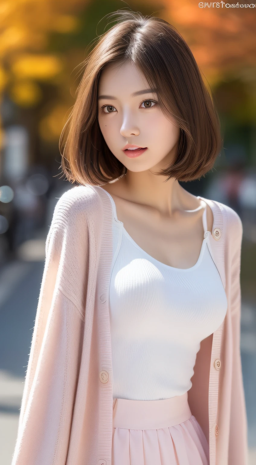 (photographed:1.2)、(Photorealsitic:1.4)、(​masterpiece:1.3)、(top-quality:1.4)、超A high resolution、(A detailed eye)、(detailed facial features)、(detailed clothes features)、8K分辨率、solofocus、bangss、Double eyelids、Beautiful lips、toned legs、(Slender girl)、(a japanese girl)、(Japan Faces)、1 girl in、Slim Beauty:1.3、(((Hair color is ash)))、Delicate hair、((The background is a mountain of autumn leaves々))、Lake with autumn leaves reflected、Girl by the lake、(((Pink long coat)))、(((White dress)))、(Beautiful breasts:1.2)、Realistic body、de pele branca、Slim body、(short-hair:1.3)、(bangss: 1.2)、Bruising smile、kawaii faces、Lifelike face、Delicate body、((sexy  pose))、stunning lighting