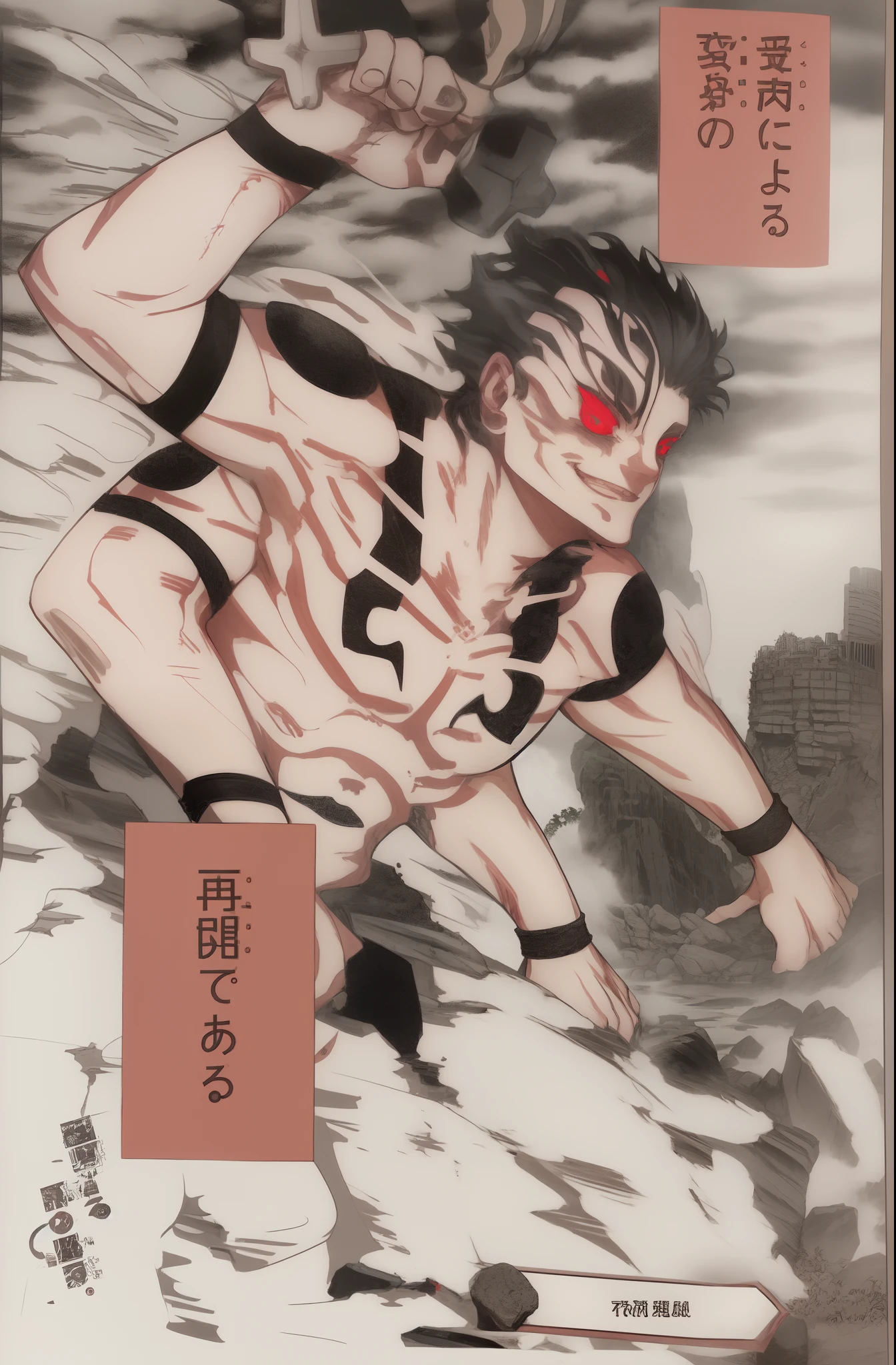 Anime art style, four arm  smile face, red eyes, black hair,  body black tattoo, fog in lower body , background rock city,