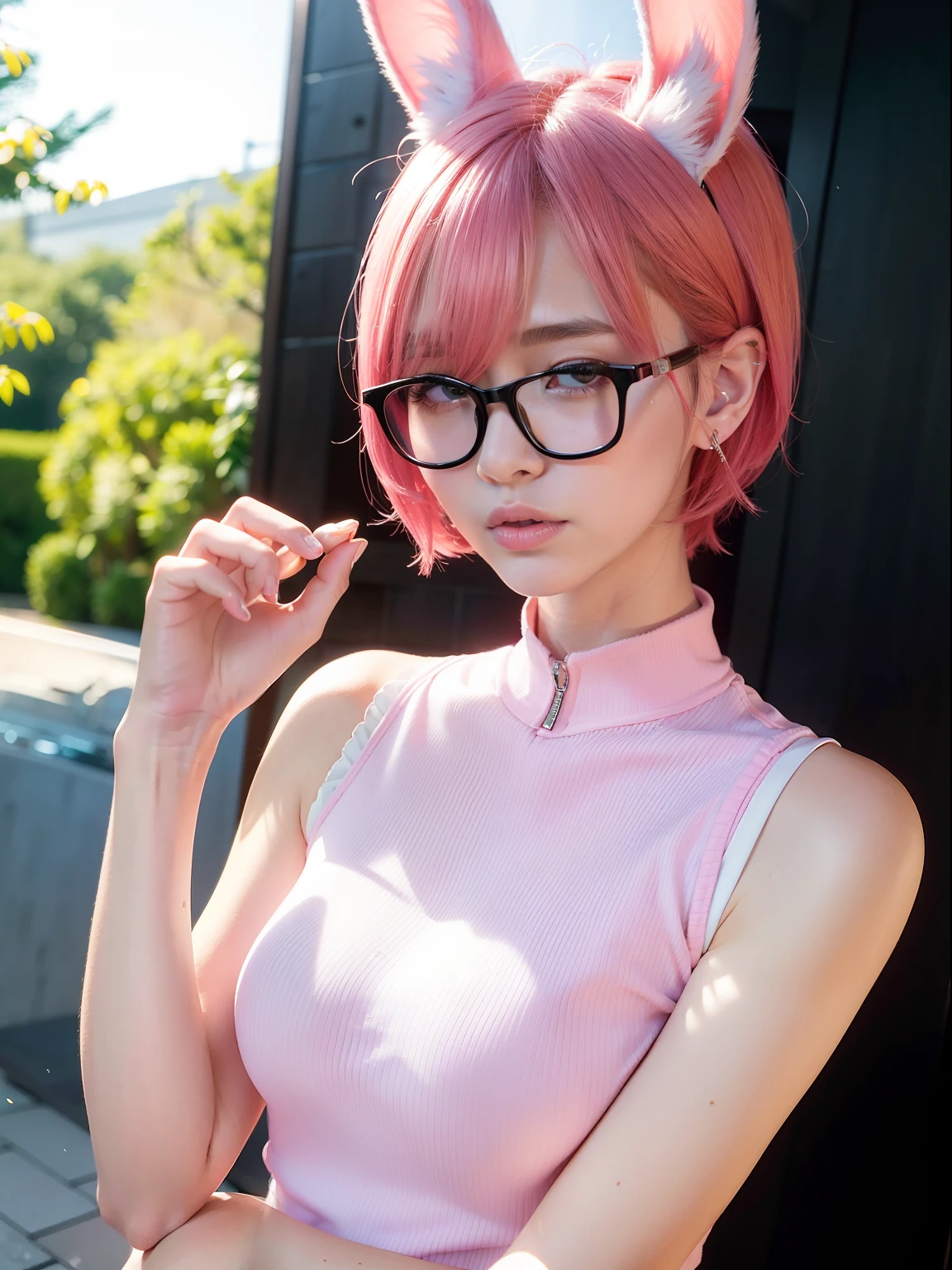 1girl, tohsaka rin, full body, solo, short hair, naked, pink cat ears headband, collar, perfect round breast, small breast, sexy, spread legs, nsfw, glasses, blush, arms up, making a V signal with her fingers, cute smile, looking at viewer, on the offyce full of people , pink hair, blue eyes, lips, closed mouth, hair ribbon, bangs, parted bangs, pink ribbon, twintails, nose,