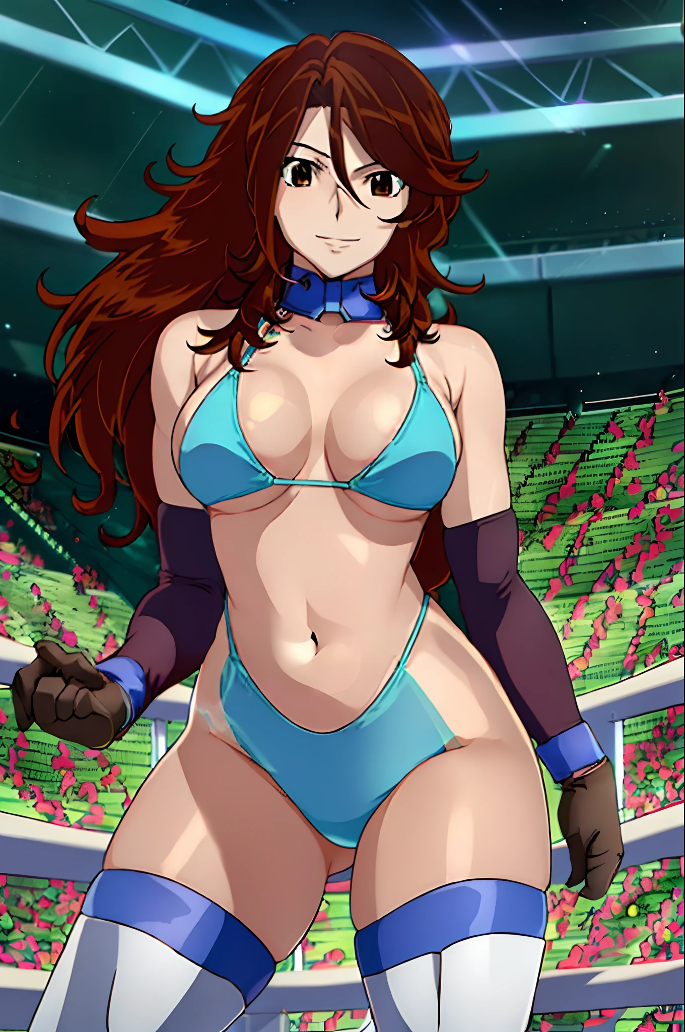cowboy shot, upper body view, anime style: 1.8, anime drawing, ultra detailed face, ultra detailed body, 4k, Sumergai Lee Noriega, (standing), best quality, anime style, hires, highest definition, digital blending, bold drawing lines, ((slender body, female wrestler), (location: wrestling arena, crowds watching), (slender body, broad shoulders), mature woman, ((blue wrestling gear: blue micro bikini, boots, gloves, collar band, black bikini)), victorious, gorgeous, winner, smile, (pale skin), (big breasts), (big eyes, brown eyes), (warming up), (brown, long hair), 27 years old,