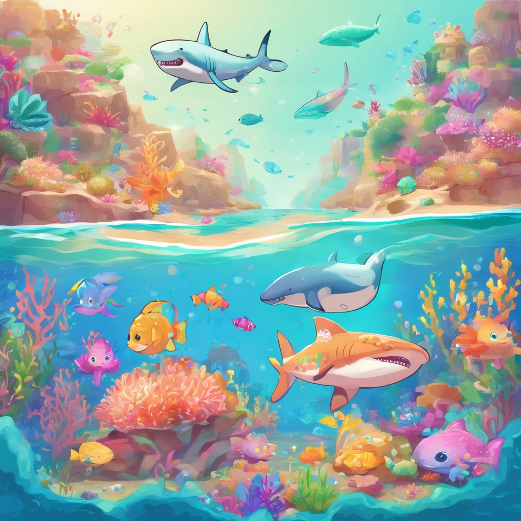 simple, vector, 4k, cheerful, flat background, illustration, under water, sea, kids background, colorful, reef, flat color, shark