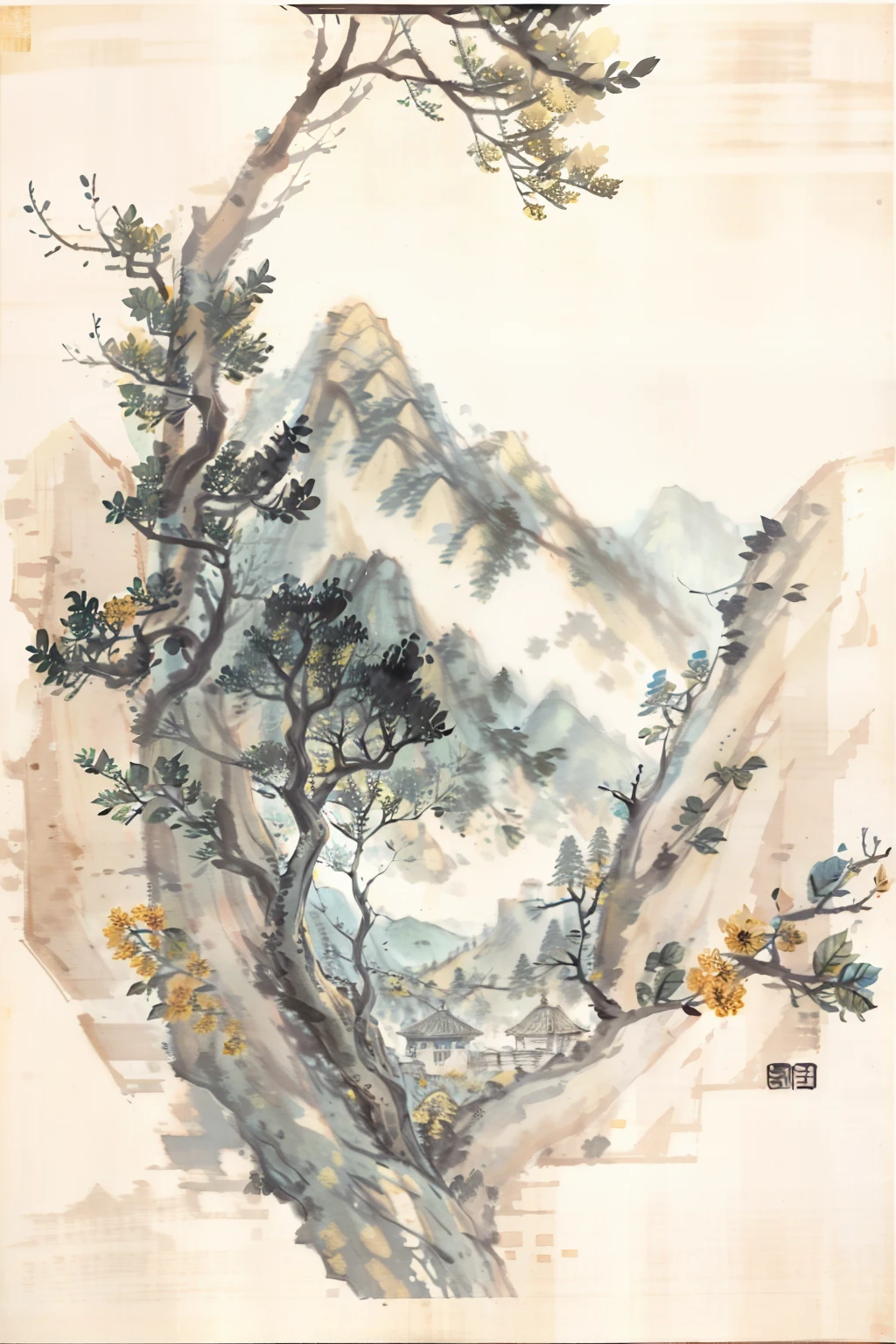 There is a tree in the photo,The trunk is engraved with traces of time,Leaves Xu々turns yellow to,Mountains in the distance々is approaching,