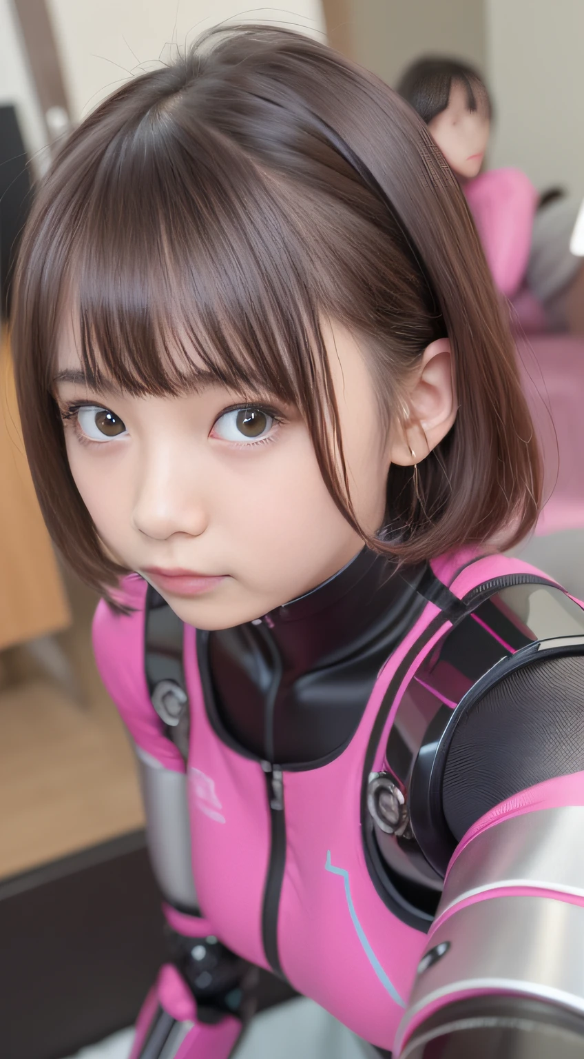 (Photorealsitic:1.4)、one girls、(top-quality)、(hyperdetailed face)、(Super well-formed face)、((Robot Parts))、(Robot Girl)、(Burgundy)、(pink there)、(metalic)、(full body Esbian)、(sexy pose)、(Slender body)、(Model body type)、(full body mech)、(akihabara)、(is looking at the camera)、(A dark-haired)、(10Head and body)、(a small face)、(Idol)、(front facing)、(Lying on the bed with the crotch open)、(Banzai pose with open arms)、(Photo session)、(Looks sad)