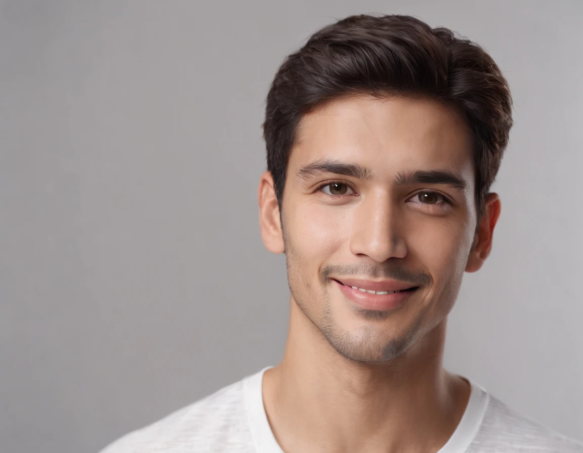 ((South American Latino)), (Latino man), (photo: 1.3) af (photorealism: 1.3), frontal close-up, soft light, clear face, happy, cheerful, warm light, white T-shirt, (grey and white background), (blank background), (gray wall background) avatar, (short hair), smile, short hair, smile, (close-up)
