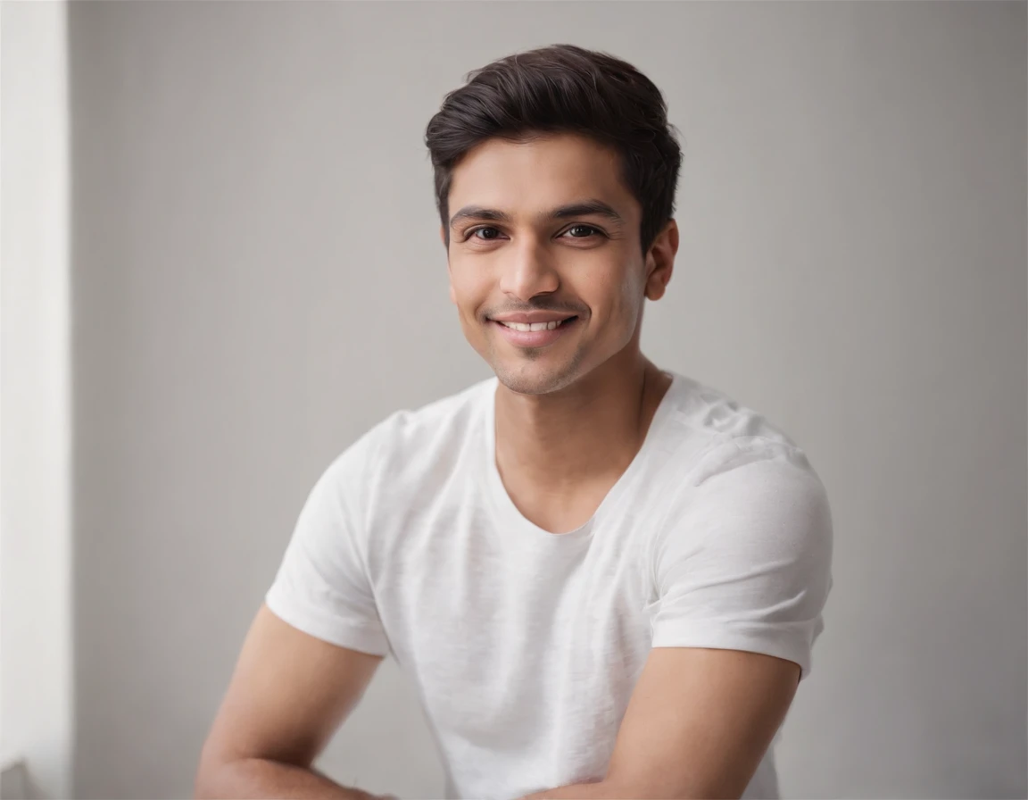 ((Indian Latino)), (Latino man), (photo: 1.3) af (photorealism: 1.3), frontal close-up, soft light, clear face, happy, cheerful, warm light, white t-shirt, (grey and white background), (blank background), (gray wall background) avatar, (short hair), smile, short hair, smile, (close-up)