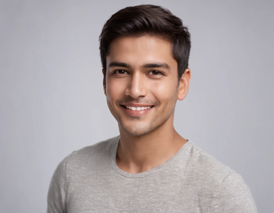 ((Indian Latino)), (Latino man), (photo: 1.3) af (photorealism: 1.3), frontal close-up, soft light, clear face, happy, cheerful, warm light, white t-shirt, (grey and white background), (blank background), (gray wall background) avatar, (short hair), smile, short hair, smile, (close-up)