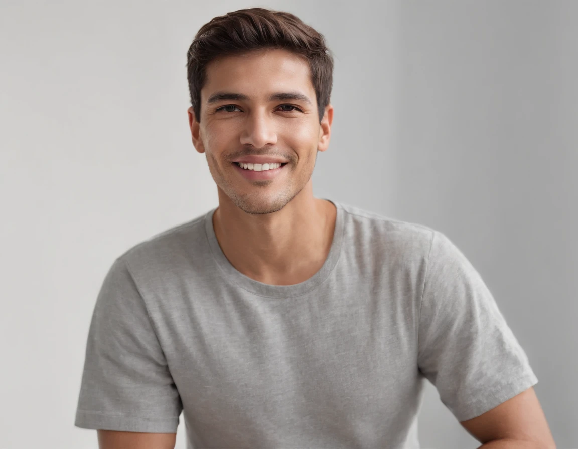 ((South American Latino)), (Latino man), (photo: 1.3) af (photorealism: 1.3), frontal close-up, soft light, clear face, happy, cheerful, warm light, white T-shirt, (grey and white background), (blank background), (gray wall background) avatar, (short hair), smile, short hair, smile, (close-up)