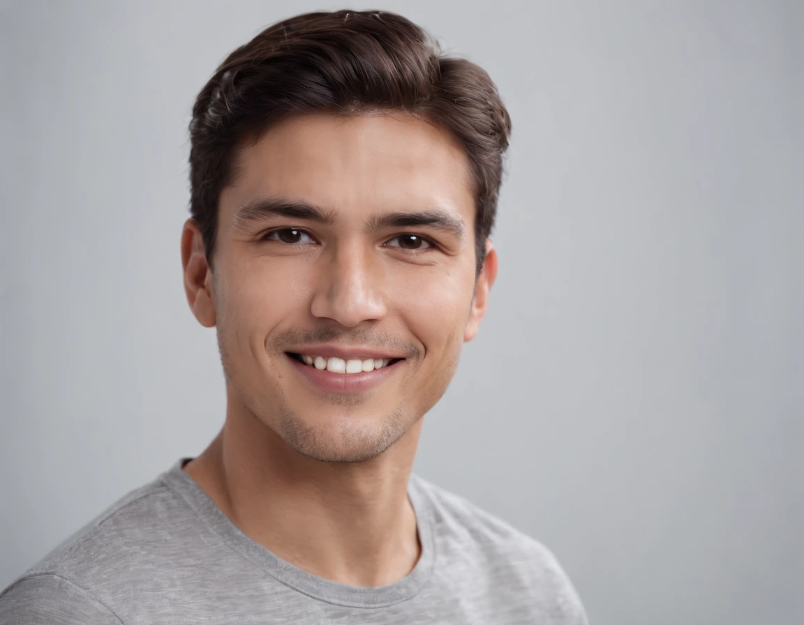 ((South American Latino)), (Latino man), (photo: 1.3) af (photorealism: 1.3), frontal close-up, soft light, clear face, happy, cheerful, warm light, white T-shirt, (grey and white background), (blank background), (gray wall background) avatar, (short hair), smile, short hair, smile, (close-up)