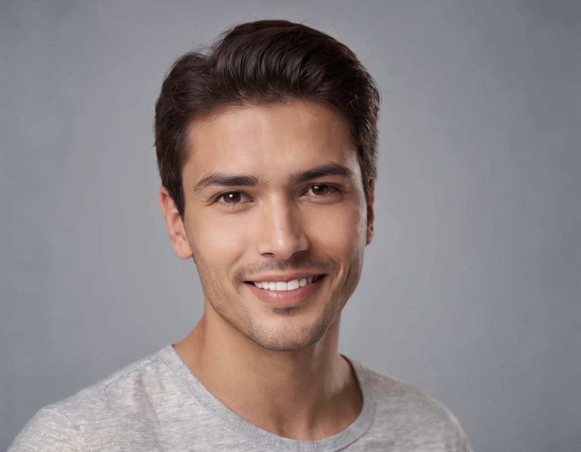 ((South American Latino)), (Latino man), (photo: 1.3) af (photorealism: 1.3), frontal close-up, soft light, clear face, happy, cheerful, warm light, white T-shirt, (grey and white background), (blank background), (gray wall background) avatar, (short hair), smile, short hair, smile, (close-up)