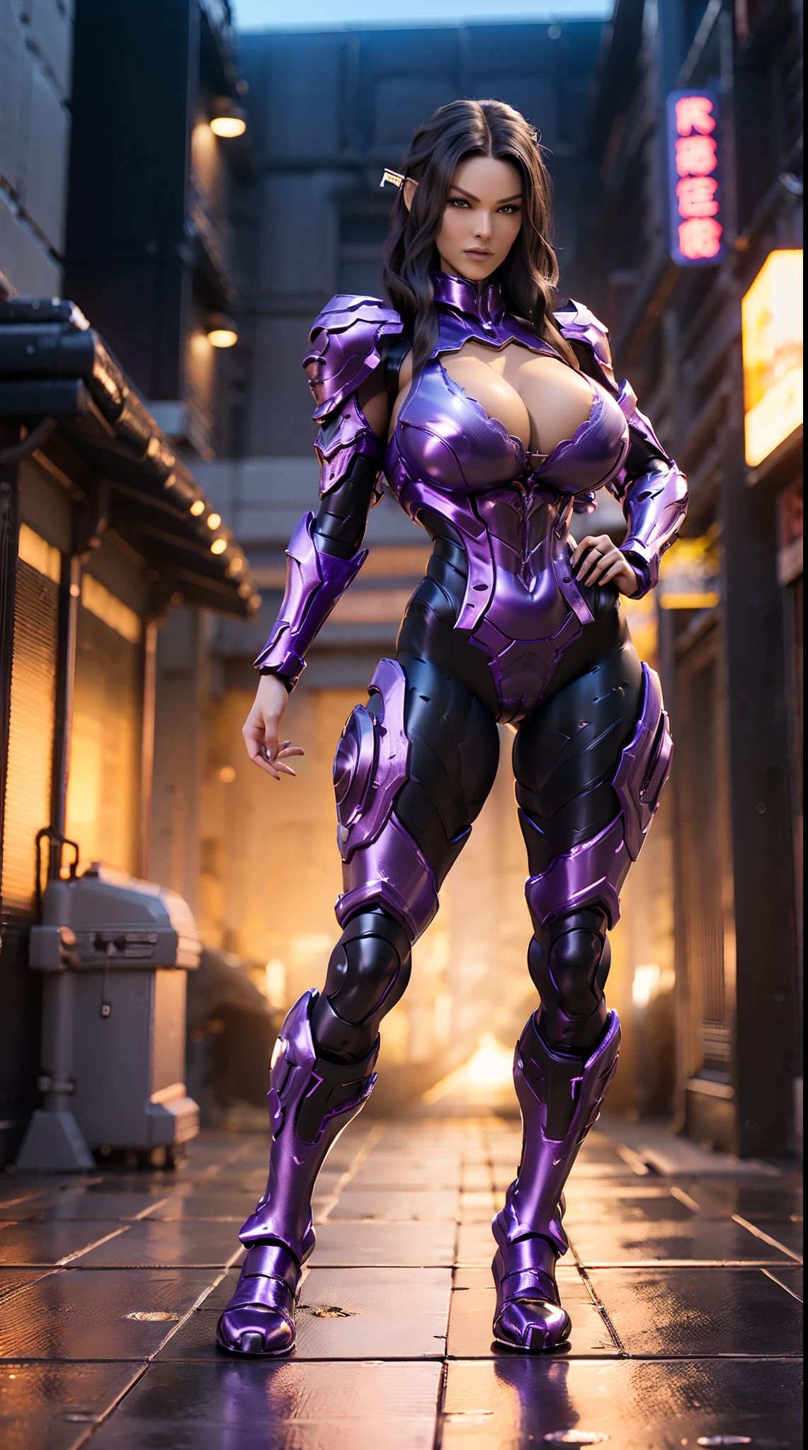 (3D REALISTIC), HUGE FAKE BOOBS, (BEAUTIFUL), (PURPLE, BLACK), (BLACK HAIR), DRAGON SCALE ARMORED GEAR, FUTURISTIC DRAGON MECHA SUIT, (CLEAVAGE), (SKINTIGHT YOGA PANTS), (TALL LEGS), FRONT, (STANDING), SLENDER SEXY BODY, MUSCLE ABS, UHD, 8K, 1080P.