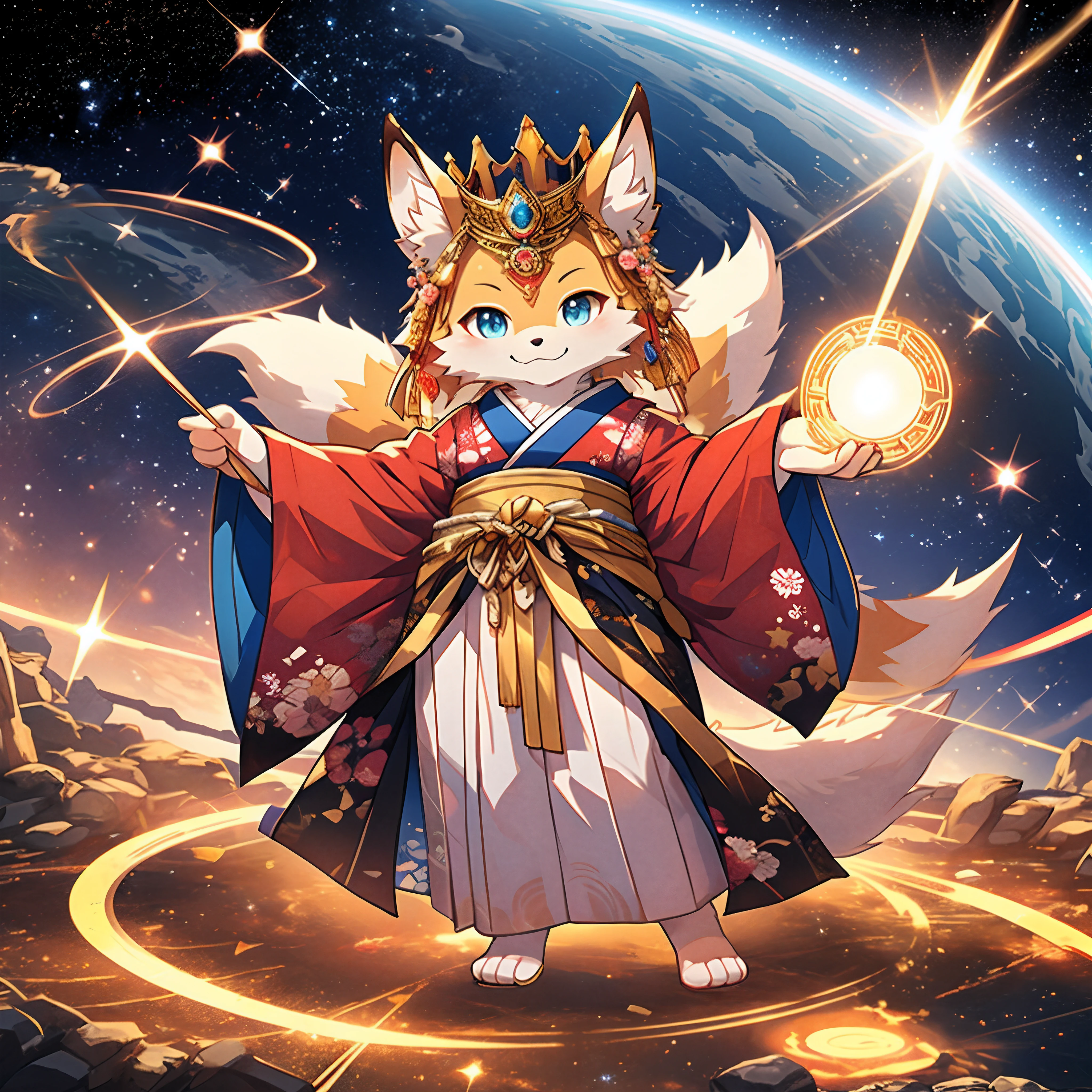top-quality, masterpiece, High-density illustration, Full Body Display, (goddess of Japan:1.1, The Great God of Creation), Kitsune Chibi Character, cute face, A smile, (Looking at the camera from the front, Beautiful contrast of colors), Luxurious costume with Japan kimono motif, Wear a crown of treasure on your head, Holding a random thing in hand, , (A ring of light in the background, a blue glowing earth in the center of the ring, and stars sparkling in space around it々)