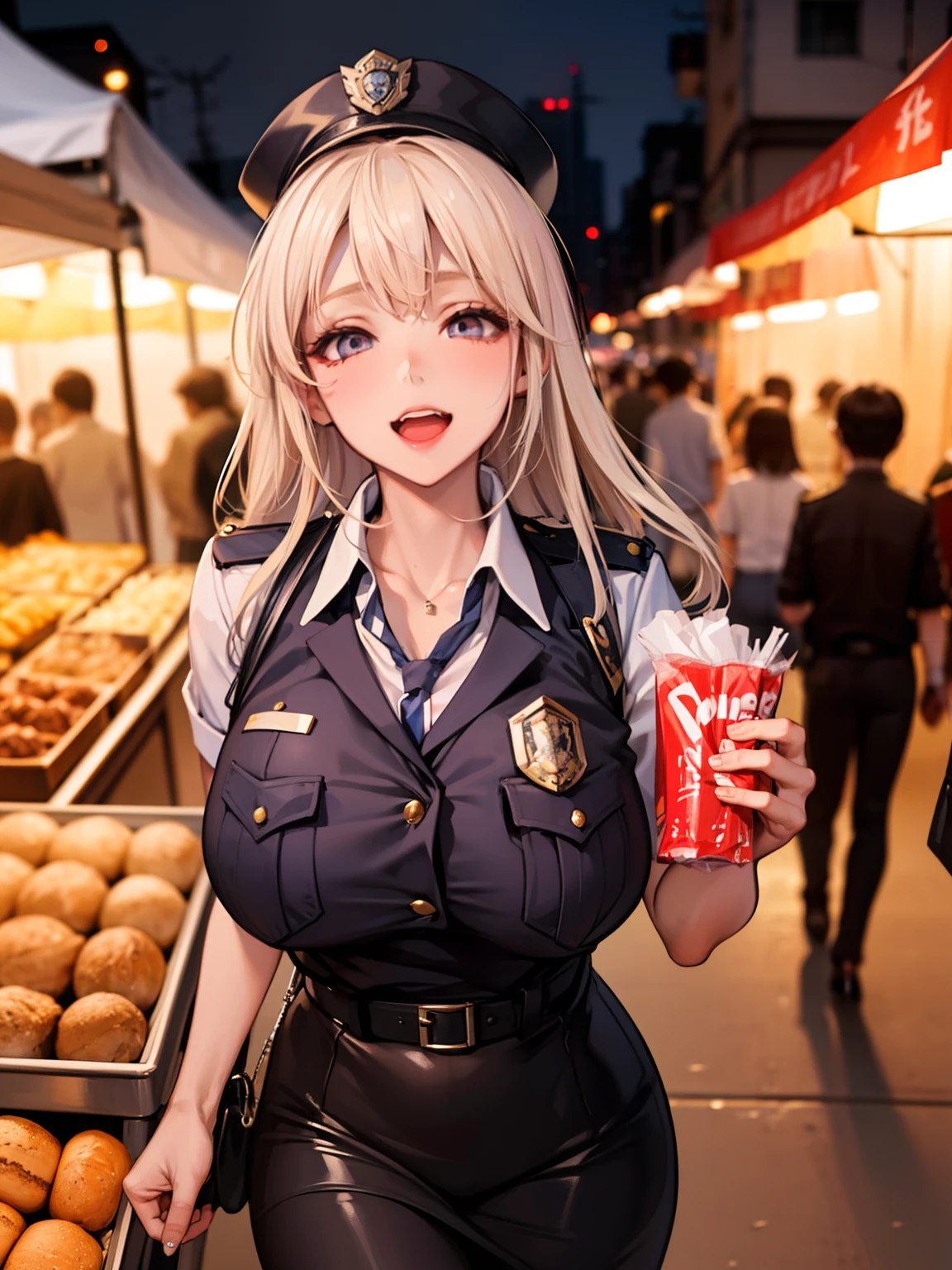 A bustling night market. Policewoman, Carry snacks, And her face is full of joy and satisfaction、huge tit