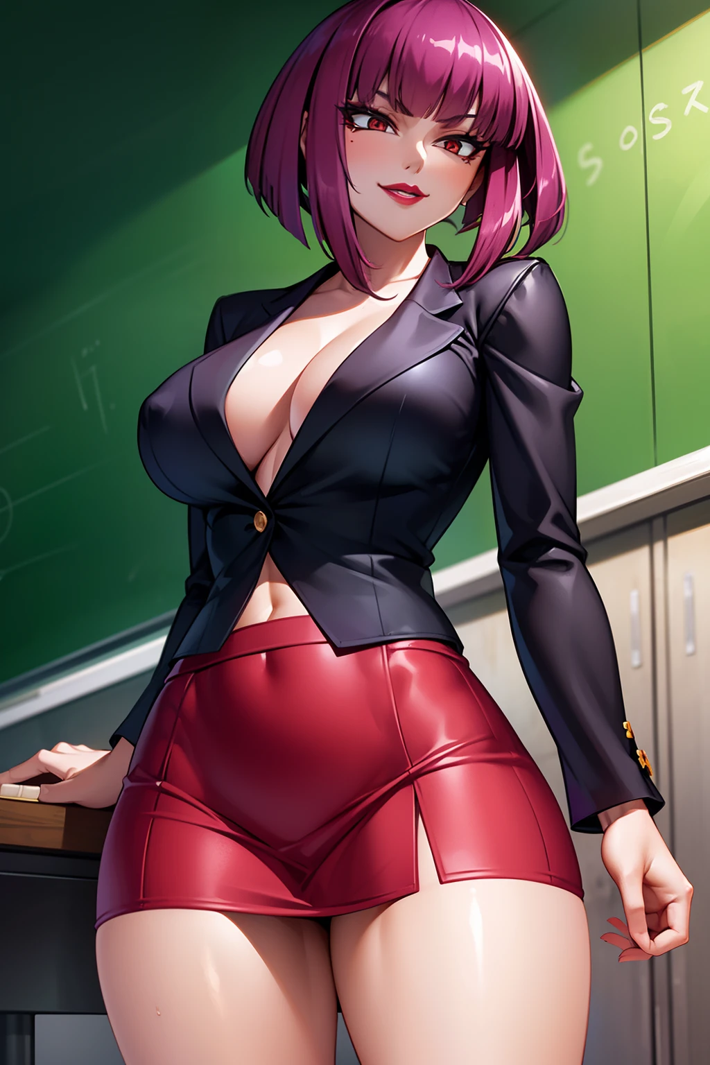 1girl,Oboro, mature female,purple hair, short hair, bangs, eyeshadow, low ponytail, lipstick, makeup, detailed face, red eyes,large breasts, black jacket, white shirt, teacher,suit skirt, cowboy shot,school,smile