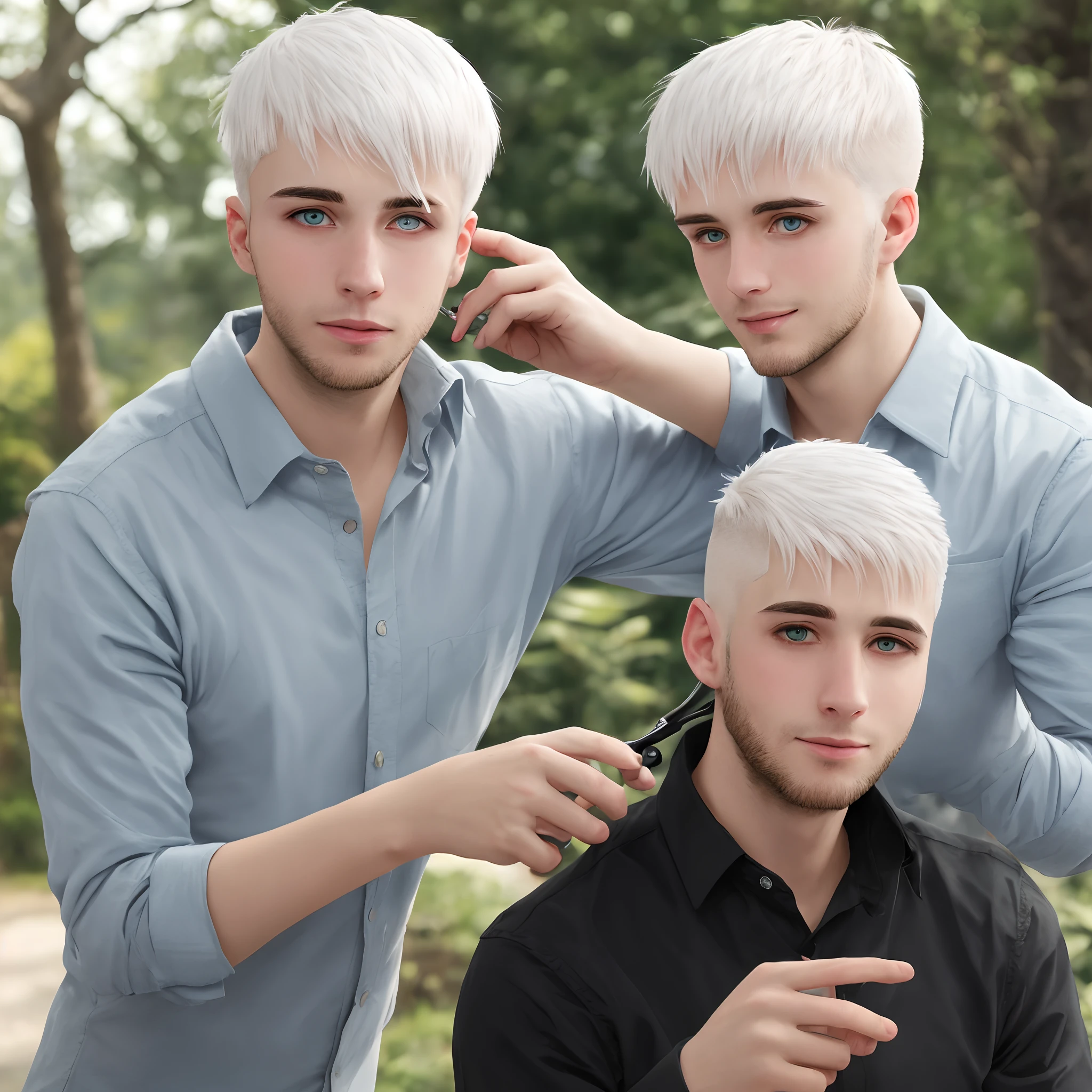A young man, Cute 35 years old, Hair white , Haircut pad, romantic, loves nature, hairdresser, The eyes are green