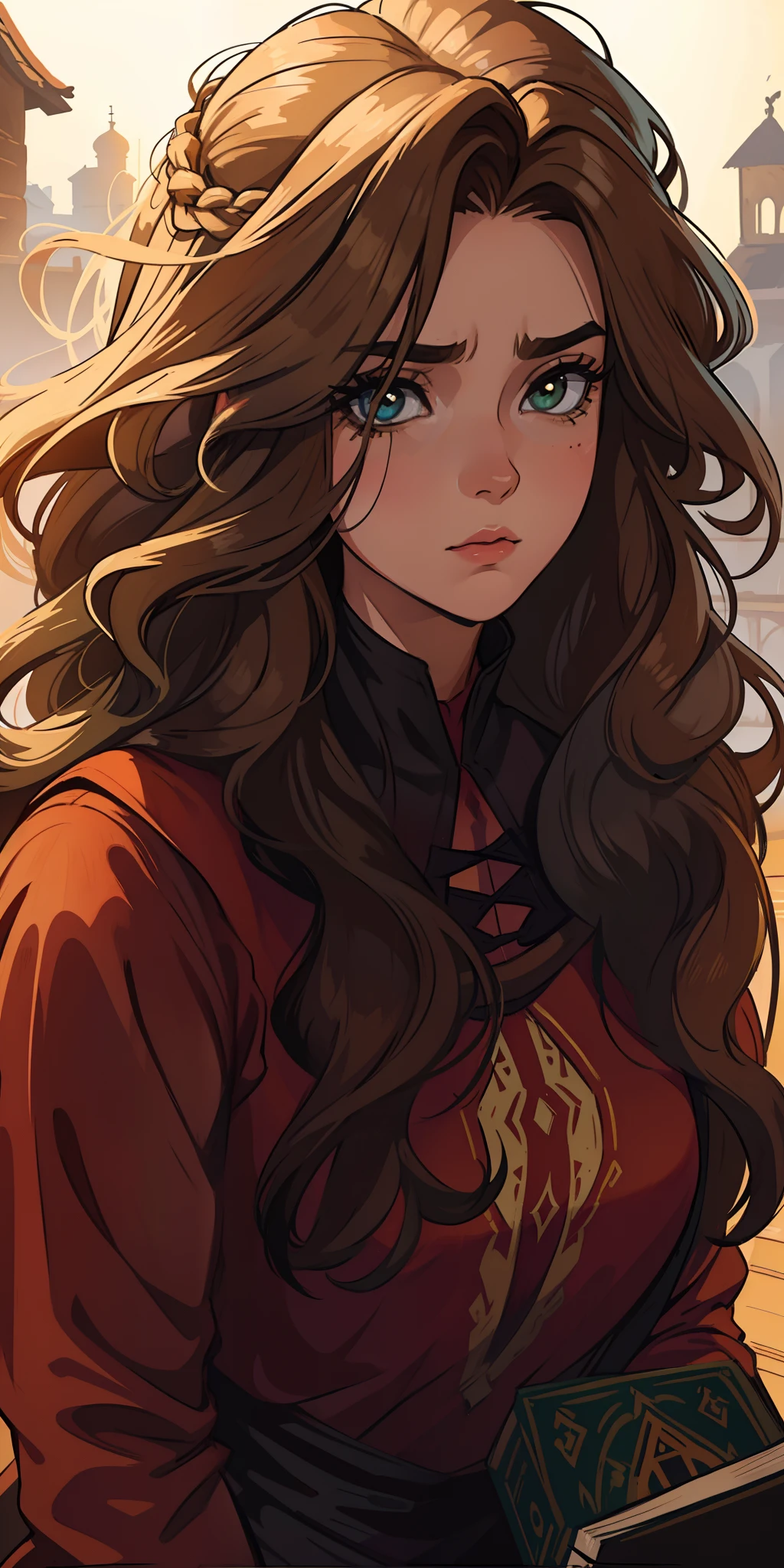Uma bela mulher de olhos verdes e cabelos castanhos longo ondulado (brown hair) (Detailed strokes) Princess eyes Sexy curvy eyelashes A wooden wall background with bookcases Expressive drama with a sad look of concern An art for an RPG A medieval art for an RPG ((cabelo comprido) ((cabelo longo))