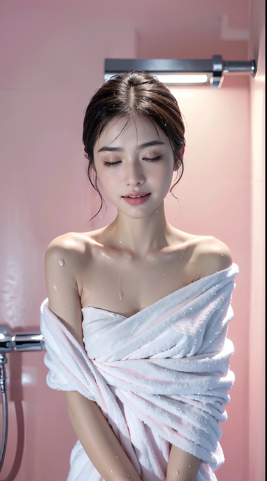 Highest image quality, Outstanding details, Ultra-high resolution, (Realism: 1.4), ((Close up:1.3, view the viewer)), The best illustration, favor details, highly condensed 1girl,A delicate and beautiful face,(Showering，The posture of wrapping in a thin towel after showering,The hair is completely wet：1.4，Woman bathed drenched and naked:1.4),Pink bathroom，Pink walls，Pink bathtub，