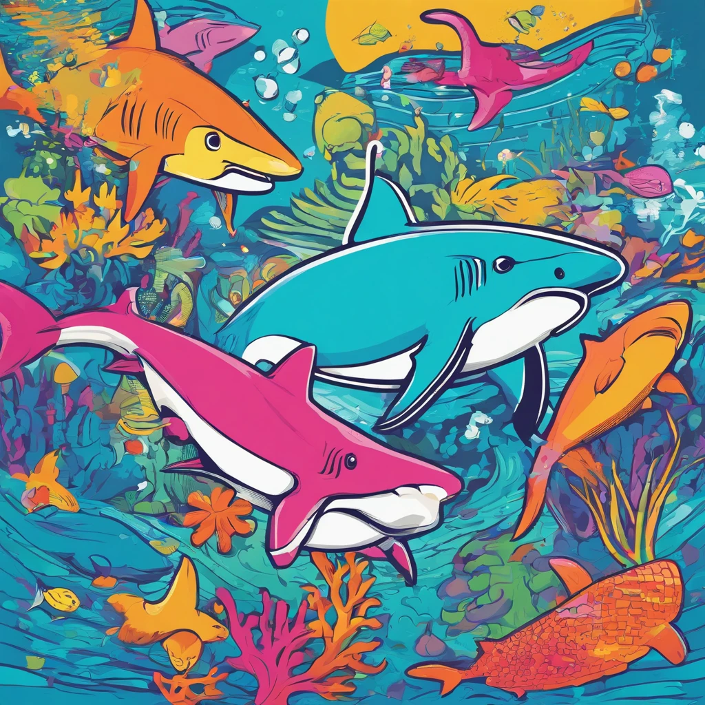 simple, vector, 4k, cheerful, flat background, illustration, under water, sea, kids background, colorful, reef, flat color, shark
