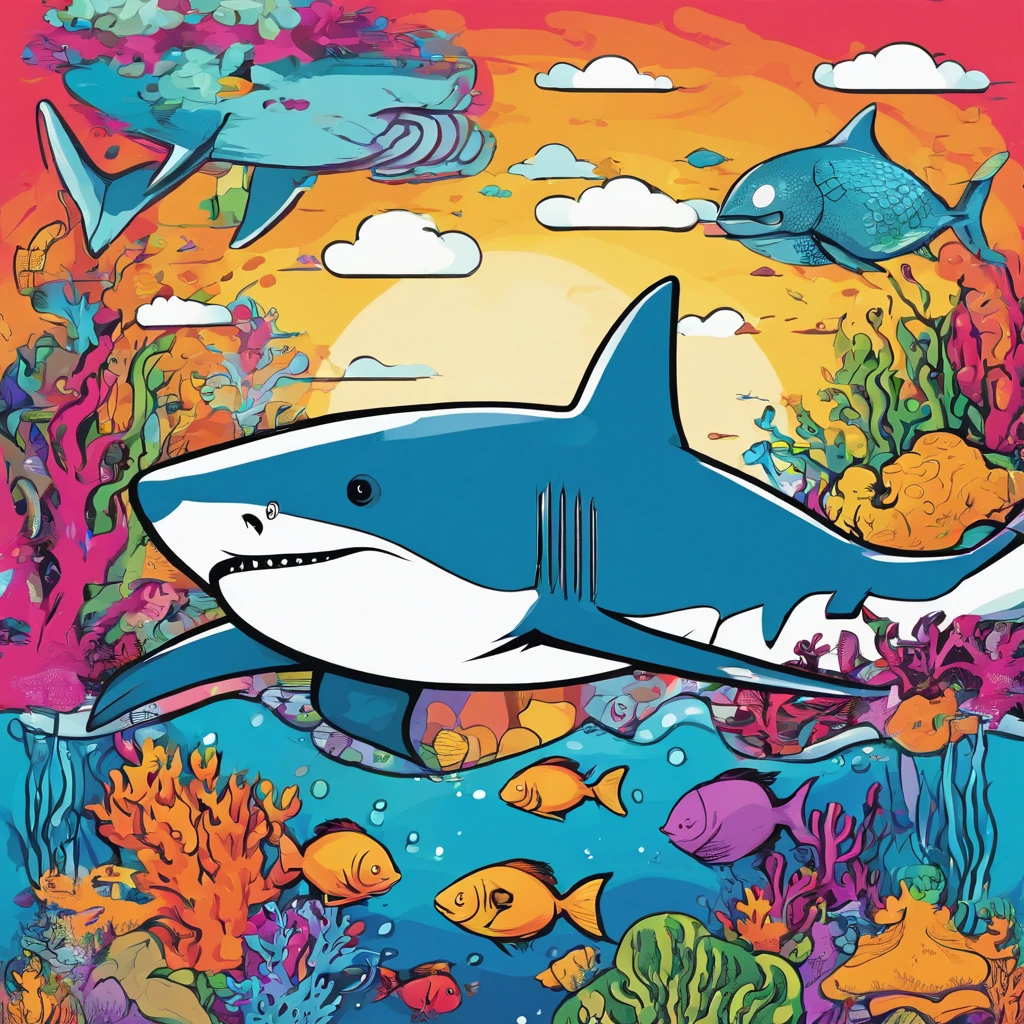 simple, vector, 4k, cheerful, flat background, illustration, under water, sea, kids background, colorful, reef, flat color, shark