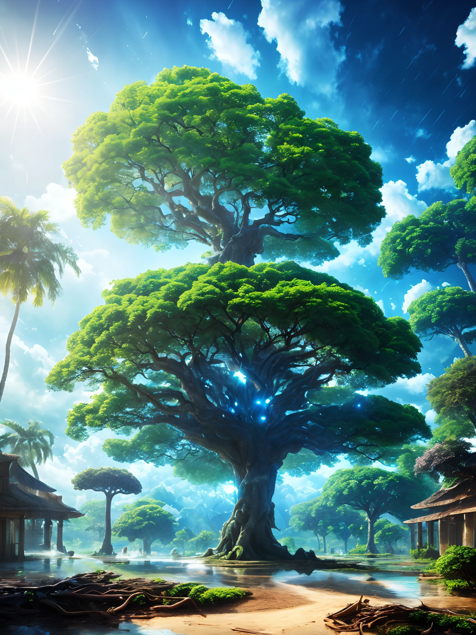 Masterpiece, best quality, high quality, highly detailed CG unity 8k wallpaper, surreal giant cyan rain tree in a futuristic prehistoric village, splashing water, sandy debris, lens flare, sun axis, fluffy clouds, ultra detailed, HDR, bloom, photorealistic, ultra detailed