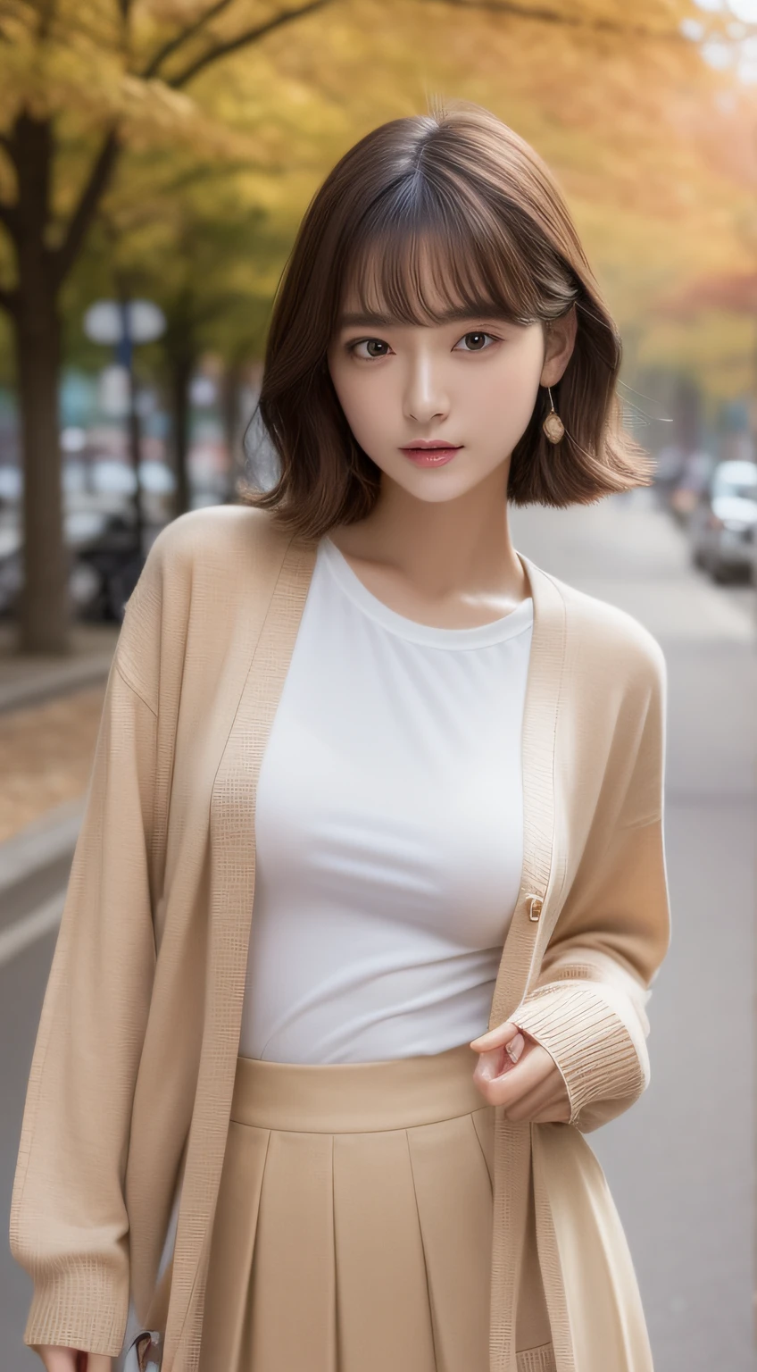 (photographed:1.2)、(Photorealsitic:1.4)、(masterpiece:1.3)、(top-quality:1.4)、超A high resolution、(A detailed eye)、(detailed facial features)、(detailed clothes features)、8K分辨率、solofocus、bangss、Double eyelids、Beautiful lips、toned legs、(Slender girl)、(a japanese girl)、(Japan Faces)、1 girl in、Slim Beauty:1.3、brown haired、Delicate hair、The background is a street lined with ginkgo trees、(((Autumn clothes、white t-shirts、Beige long-sleeved cardigan、long skirt)))、In the street、(Beautiful breasts:1.2)、Realistic body、de pele branca、Slim body、(short-hair:1.2)、(bangss: 1.2)、Bruises and ugly face、kawaii faces、Lifelike face、Delicate body、((sexy pose))、stunning lighting