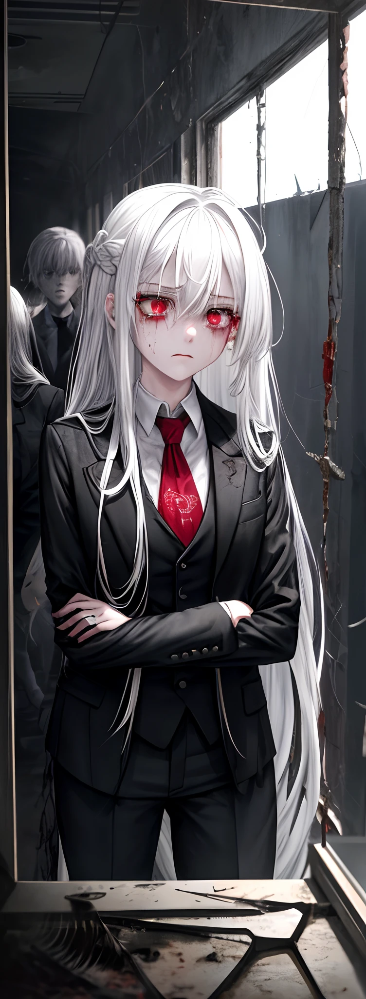 1girll, White hair, Red eyes, (teens girl_Shot:1.2), Face focus, Long hair, side locks,Collapsed crying,Extreme panic,After being violated ,Scared,(terrified:1.1) expression, Place one hand behind your back, Atmospheric lighting, Moody, Darkness, In an abandoned old museum, Clear glass display case full of interesting items, Dusty, Post-apocalypse, spiderwebs, masterful, Beautiful 8k wallpaper, Extremely detailed, Intricate,Wear a black and white suit,Broken clothes,Bleeding in the lower body