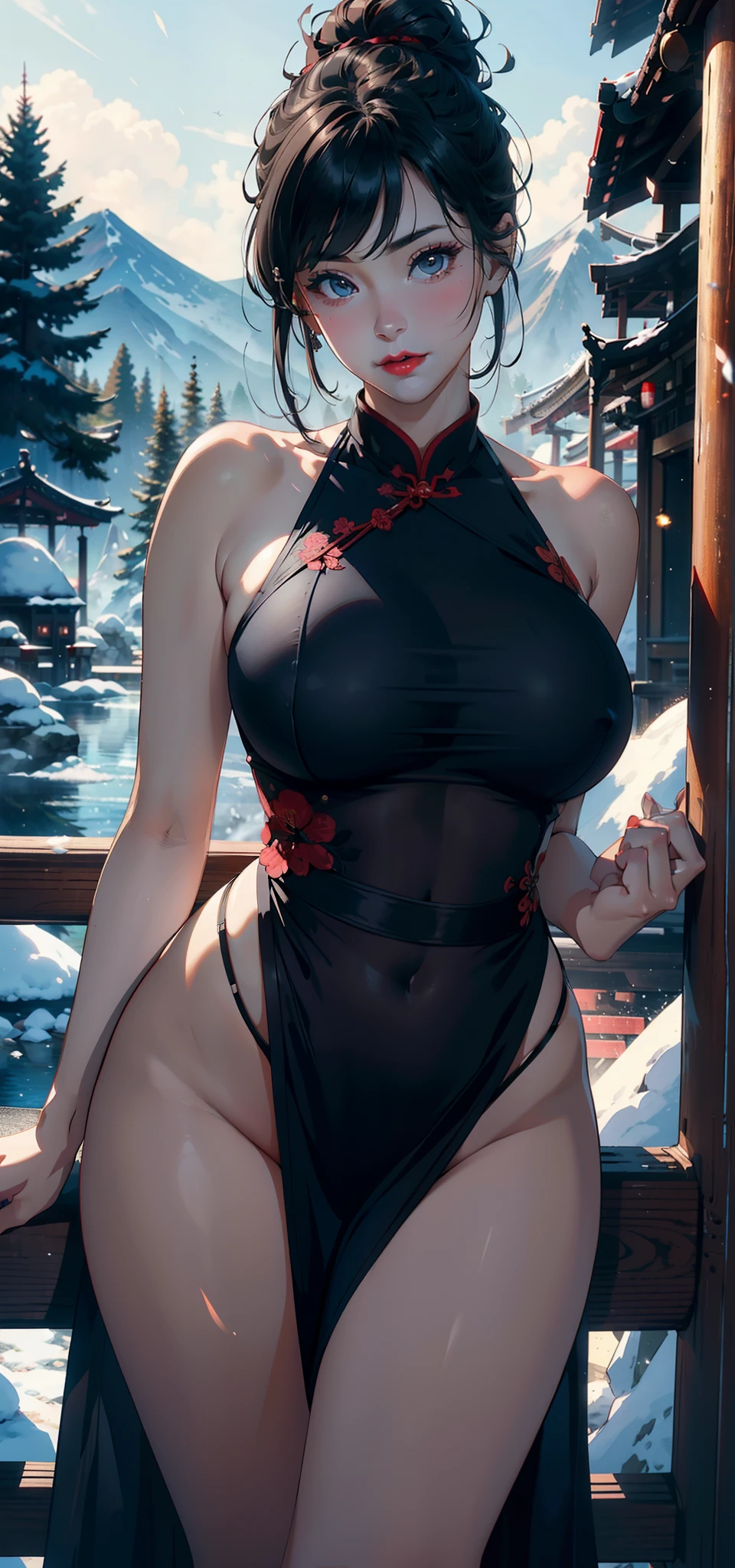 1female，35yo，Bigchest， 独奏，（Background with：coniferous forest，volcanoes，hot onsen）Lying on the railing ，She has short black hair，bobo head，seen from the front， hair straight，，（（（tmasterpiece），（Very detailed CG unity 8K wallpaper），best qualtiy，cinmatic lighting，detailed back ground，beatiful detailed eyes，Black eyes，Snow-whiteskin，Redlip（Very fine and beautiful），（Beautiful and detailed eye description），ultra - detailed，tmasterpiece，））facing at camera，A high resolution，ultra - detailed），revealing breasts，Bare genitalia，  Bulge，legs are open，Raised sexy，Camel toes，Flushed complexion，Desire for dissatisfaction，frontage，Red transparent cheongsam