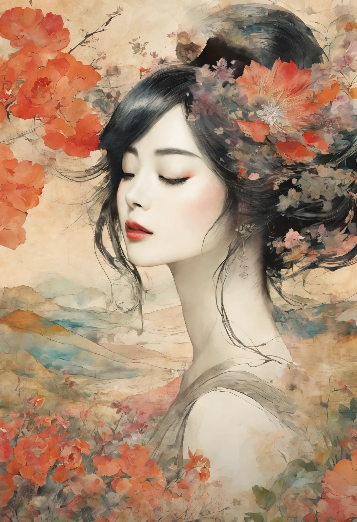 Field with beautiful flowers (close-up cleavage), meditate, Zazen, A meditative (Chinese landscape painting), (ink and watercolor painting), (8k wallpaper), (Light and Shadow Effect), rendering by octane, White balance design, Extremely detailed image representation, Wide angles, depth of fields, masterpiece, realistic, beautifully portrayed, a detailed, accurate, Masterpieces, masterpiece”